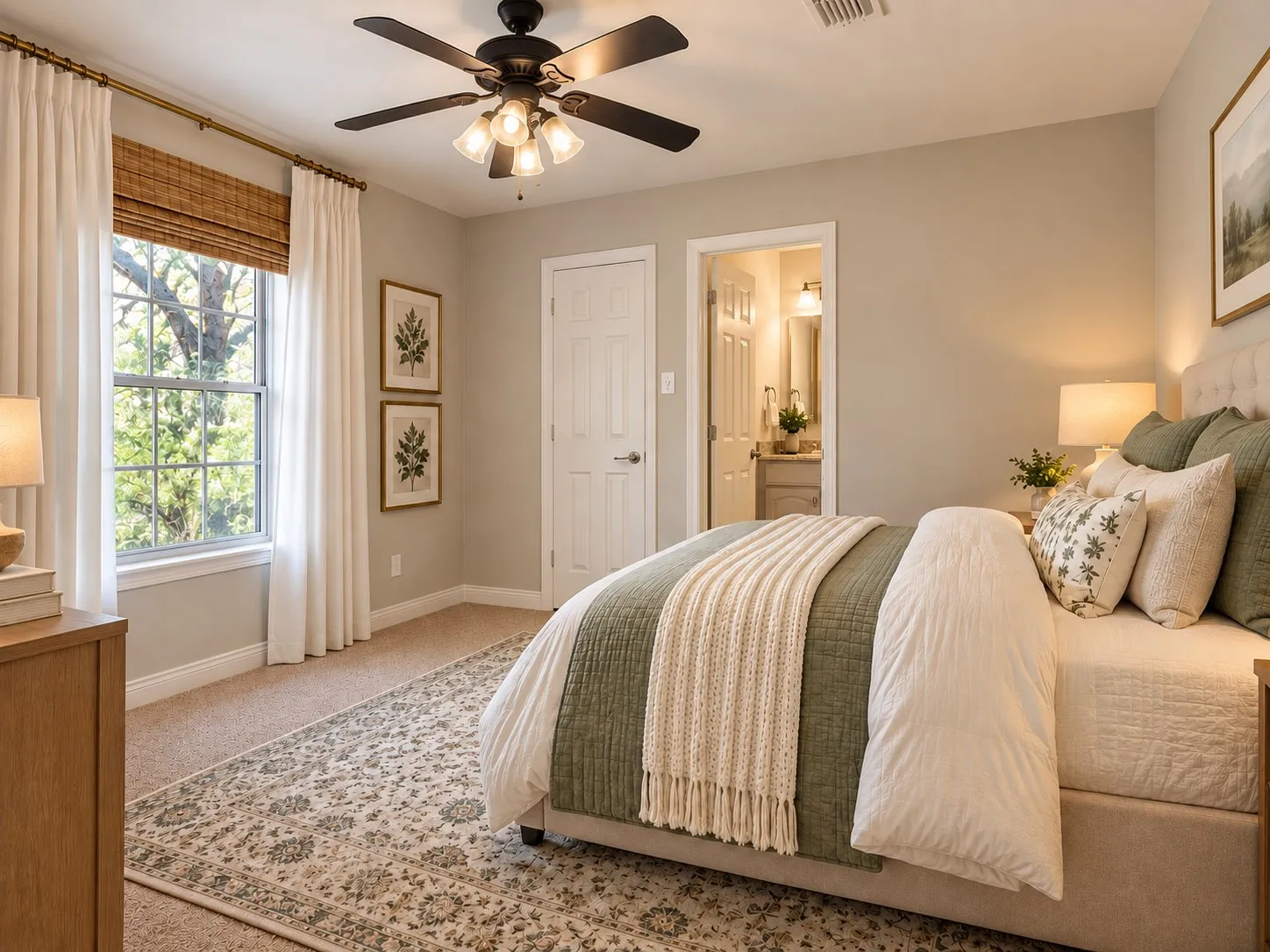 Neutral-toned bedroom featuring wall-to-wall carpeting, a multi-blade ceiling fan with integrated lighting, and a single-hung window with wood-finish blinds