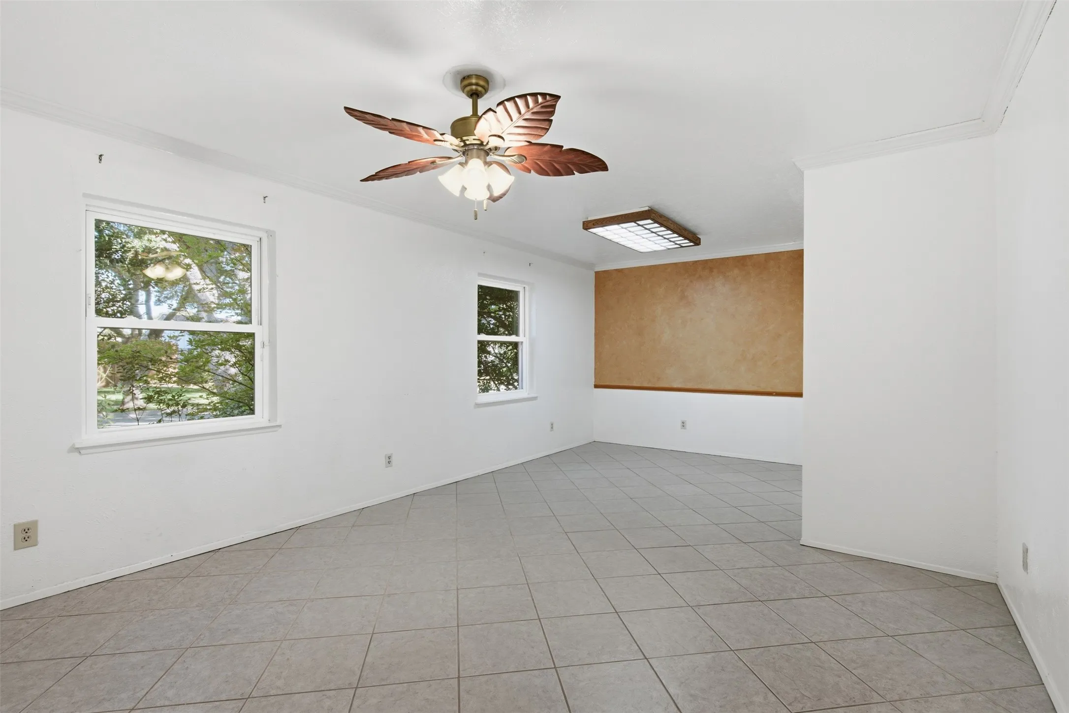 Light-toned tile flooring throughout the space