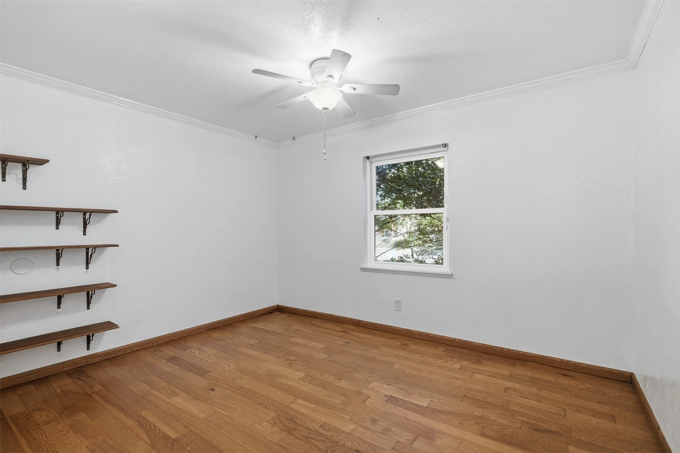 Hardwood flooring, crown molding, built-in shelving, white ceiling fan, and a single window