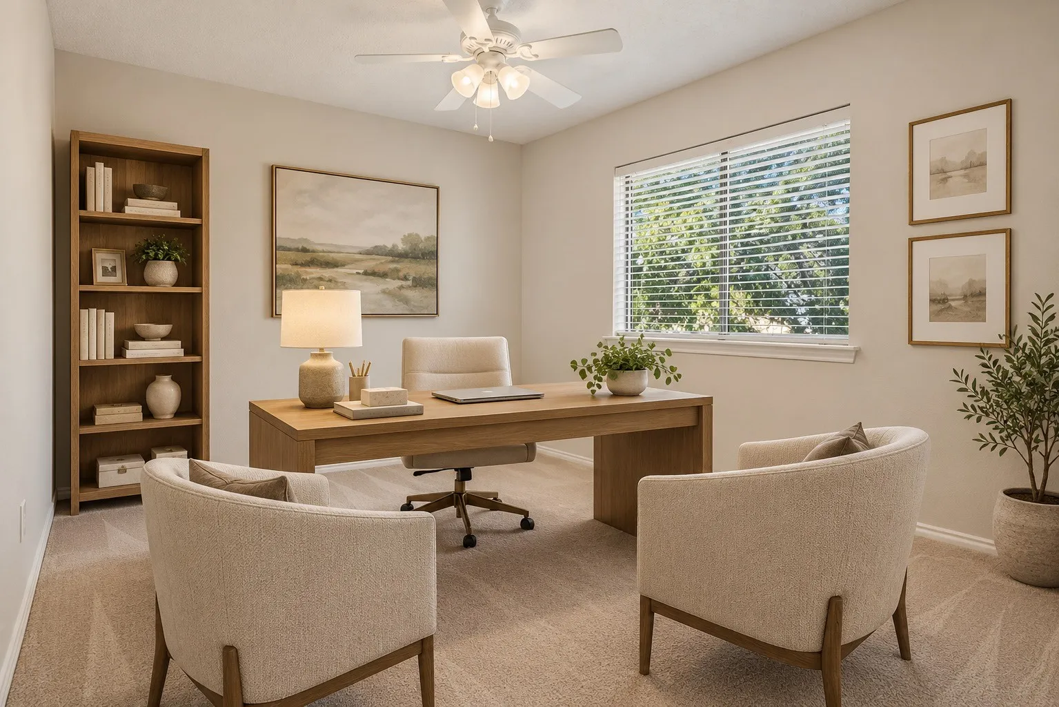 Bedroom that flexes to office space, virtually staged.