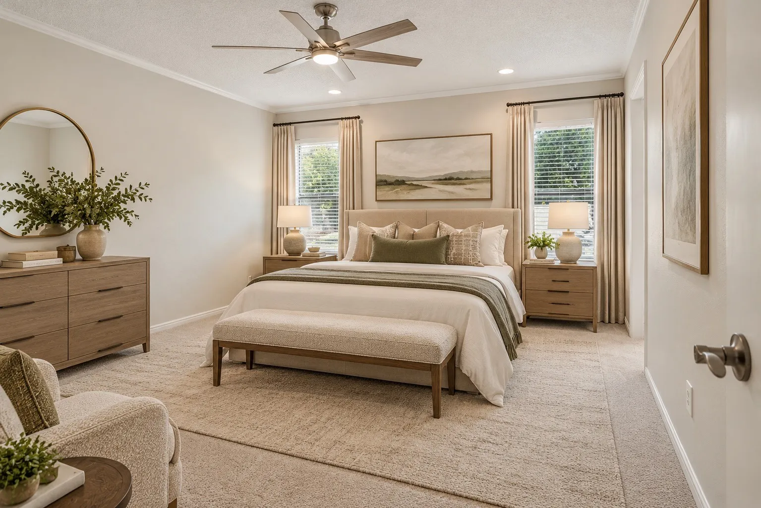 Primary bedroom with ensuite bath, virtually staged.