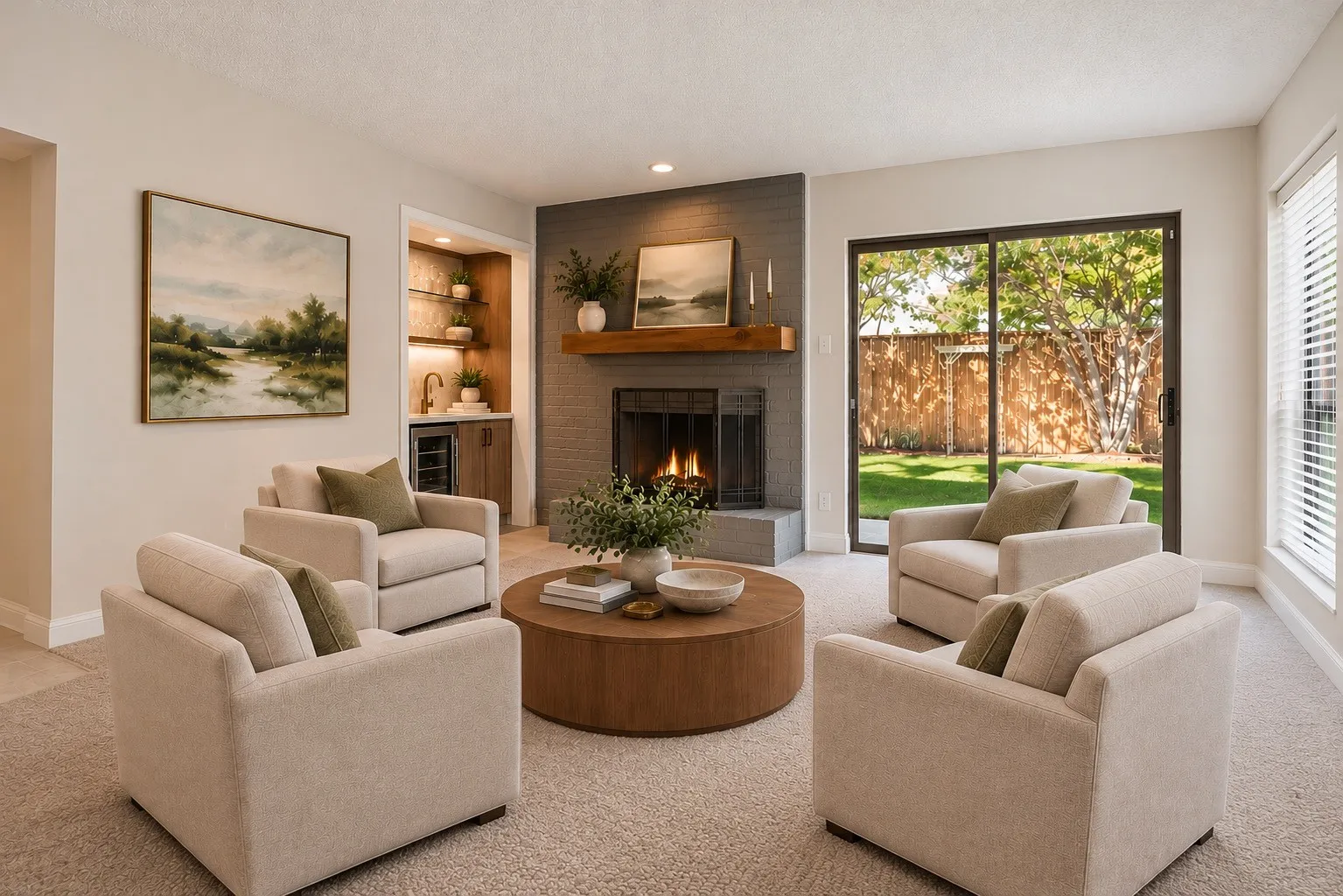 Family room with fireplace and bar alcove, virtually staged.