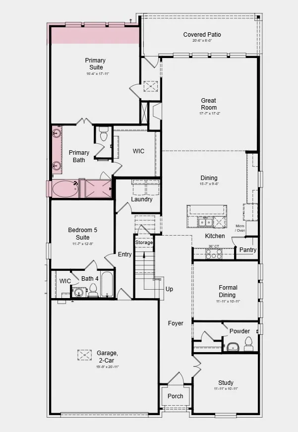 First Floor Plan - Additional Highlights Include: Gourmet kitchen, slide in tub at primary bathroom, and extended owner's suite