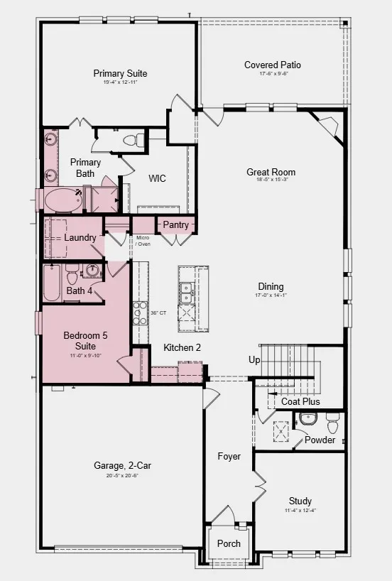 First Floor Plan - Additional Highlights Include: slide-in tub at primary bath and gas drop at patio