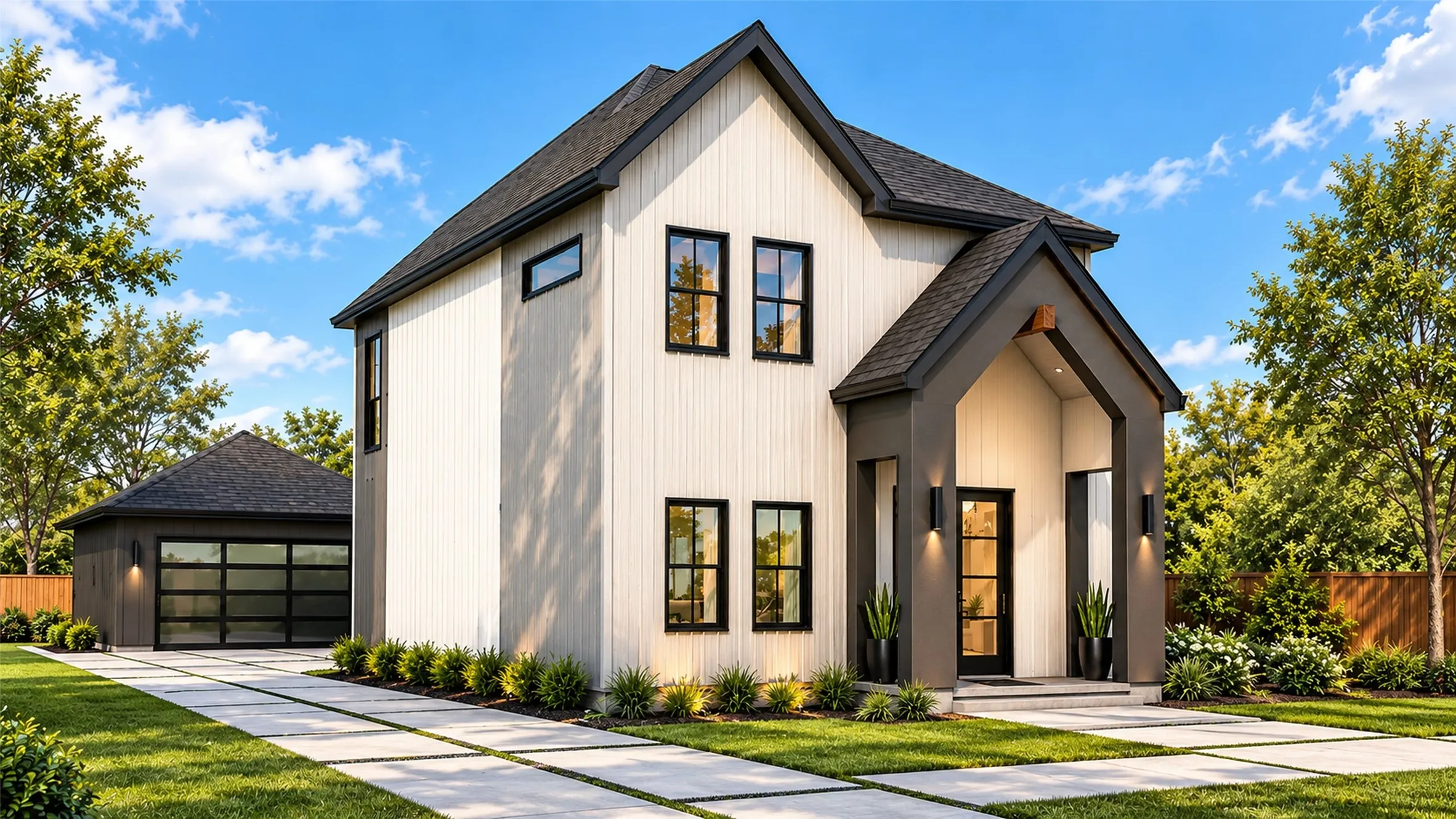 Modern two-story exterior featuring board-and-batten siding, a covered arched entryway, a detached garage with glass-paneled doors, and a grid-pattern concrete driveway