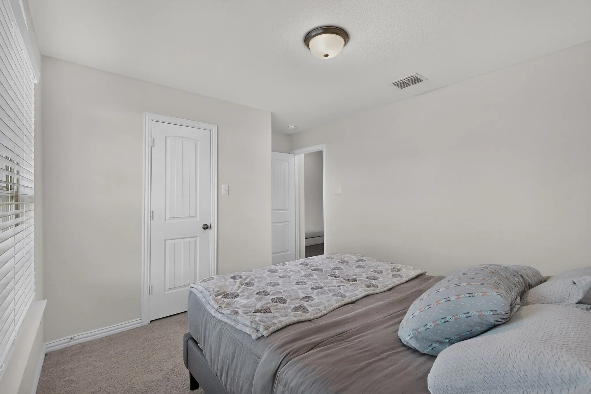 Neutral wall tones, wall-to-wall carpeting, two-panel interior doors, and a flush-mount light fixture
