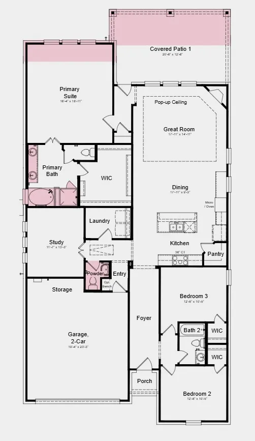 Additional Highlights include: Half bath in place of coat closet, extended primary suite, extended covered outdoor living, and slide-in tub at primary bath.