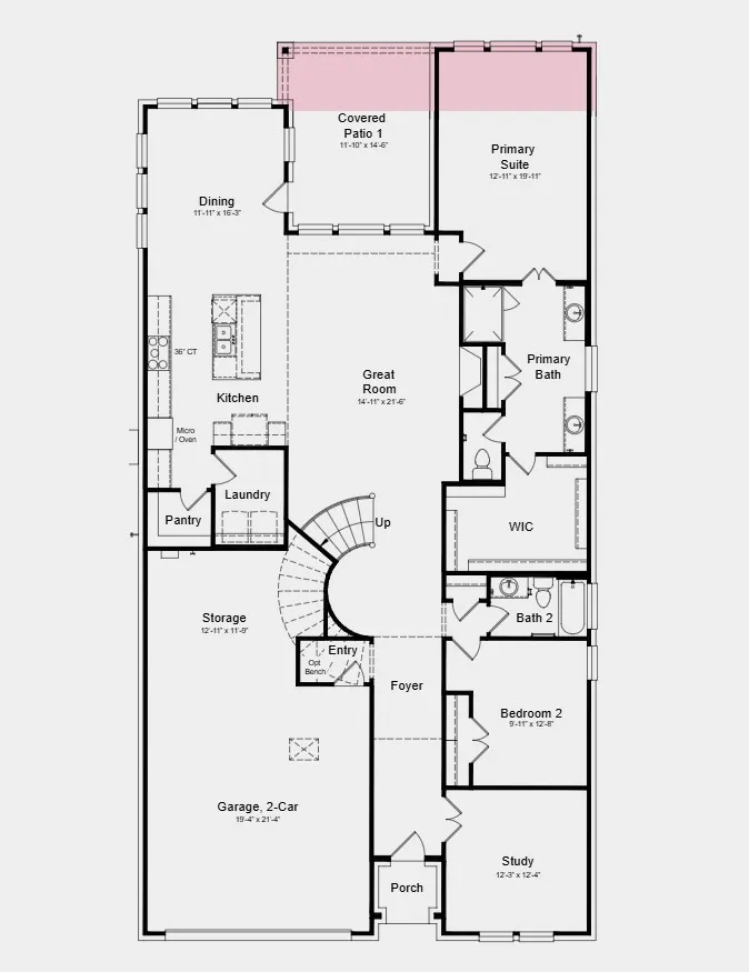 First Floor Plan - Additional Highlights Include: an additional full bathroom upstairs, gas drop at back patio, and an extension to the primary bedroom and covered patio