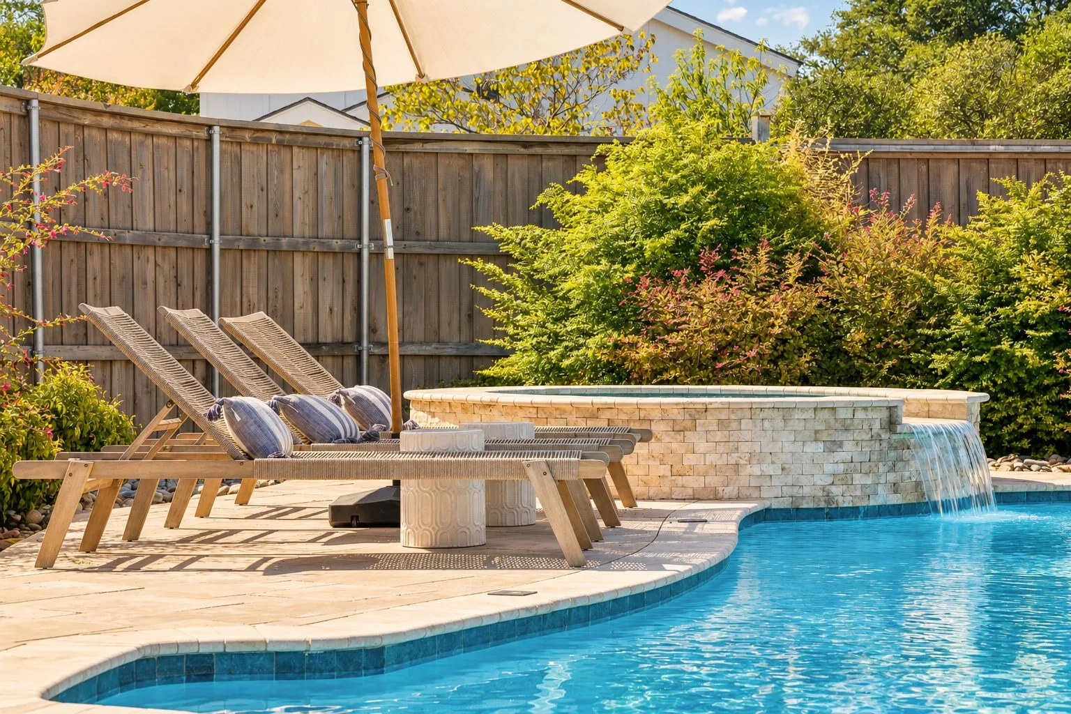 Blue Haven custom pool and spa featuring a cascading water feature, surrounded by travertine and enclosed by gated privacy fence.