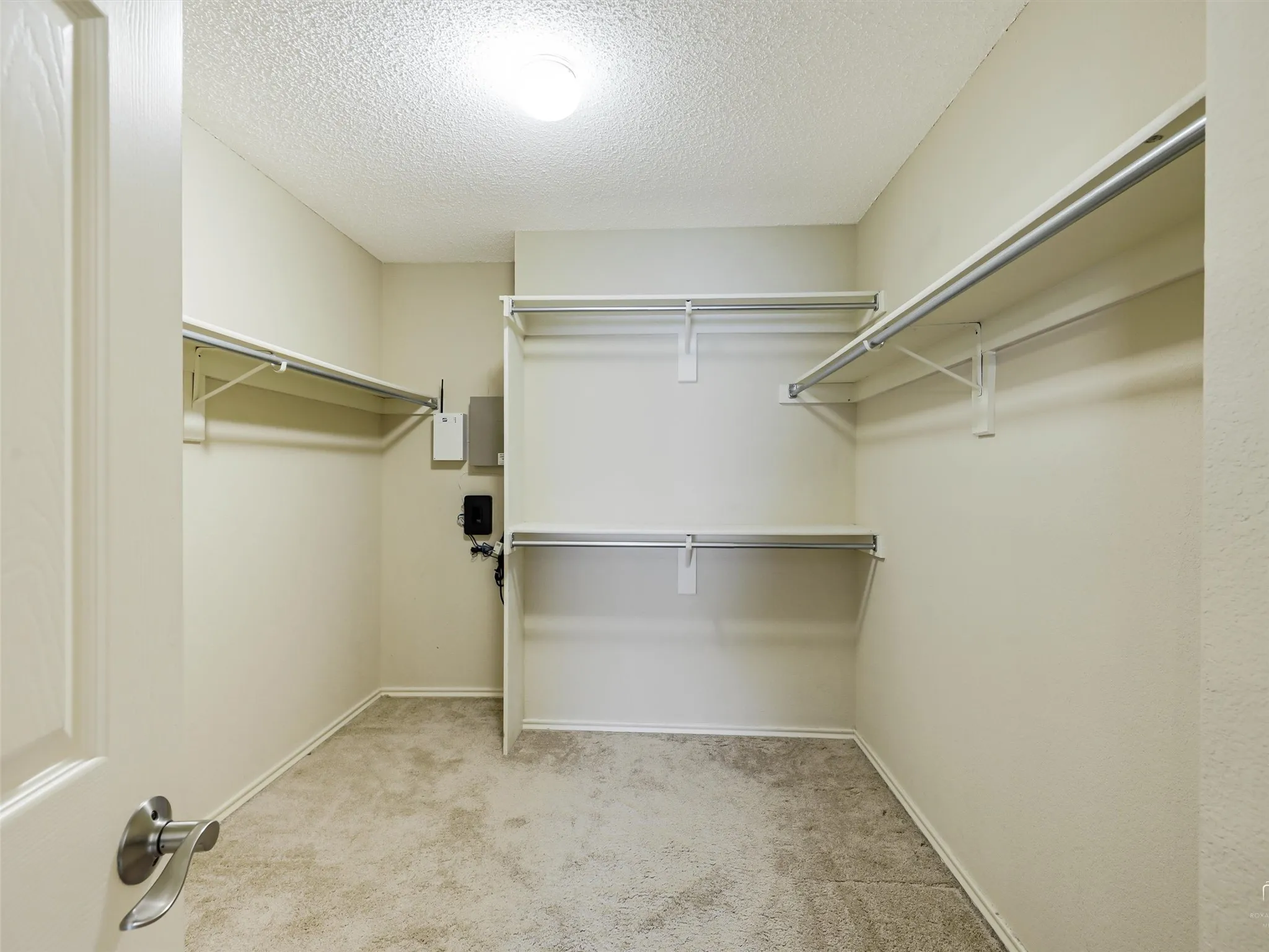 Walk-in closet featuring neutral carpeting, tiered built-in shelving, and metal rod supports