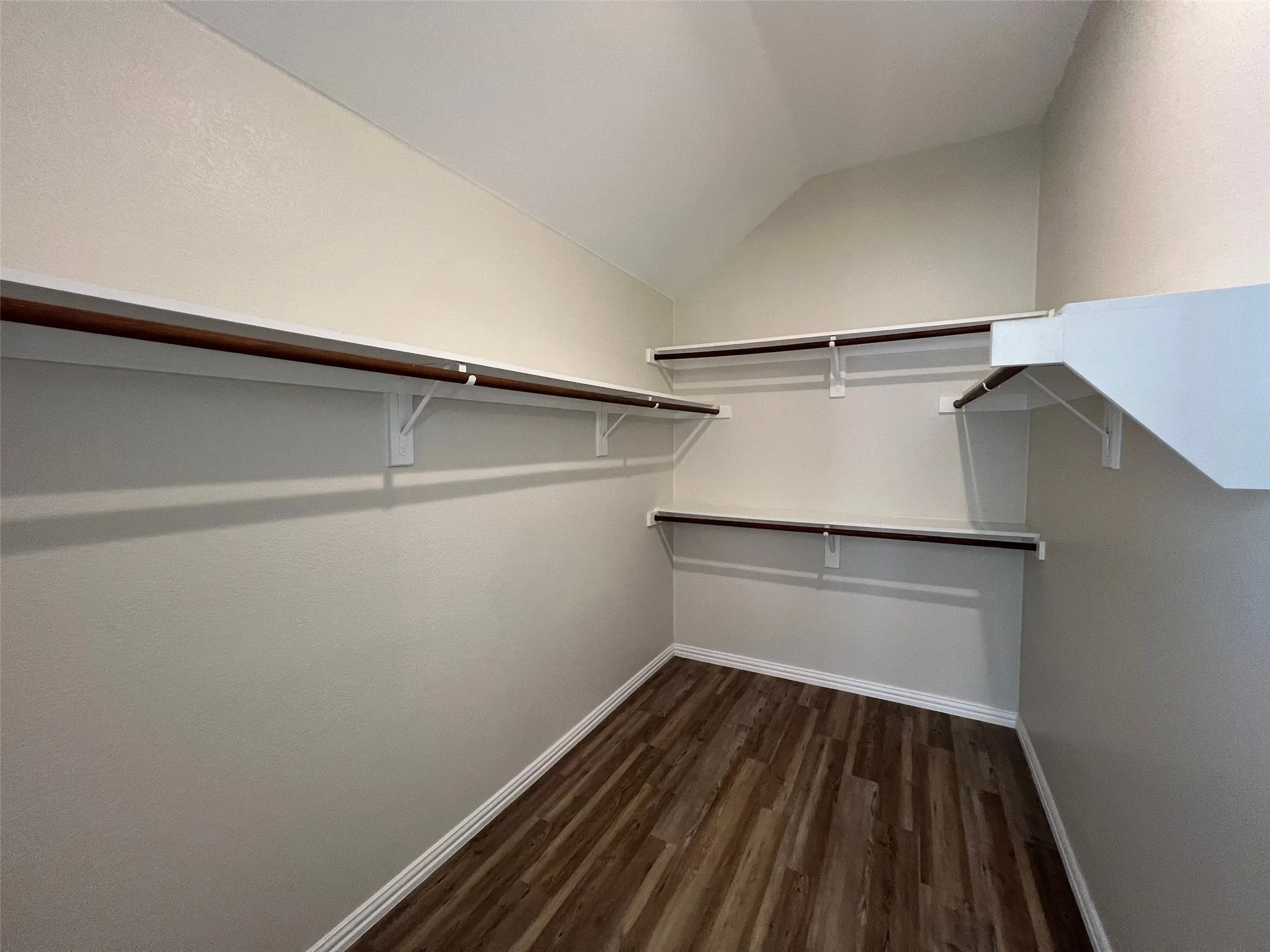 Storage area featuring wood-finish flooring, vaulted ceilings, and multi-level shelving with integrated hanging rods