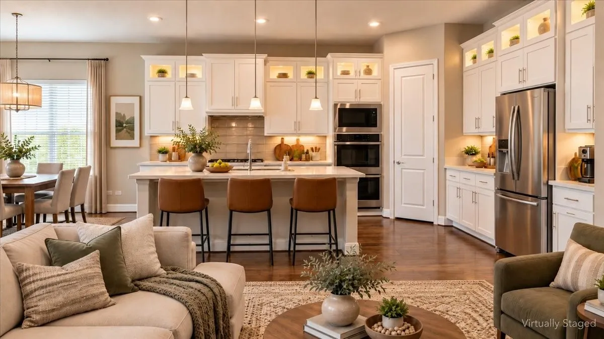 Kitchen featuring white cabinetry, an oversized central island with quartz countertop, stainless steel double wall ovens, and wood-finish flooring