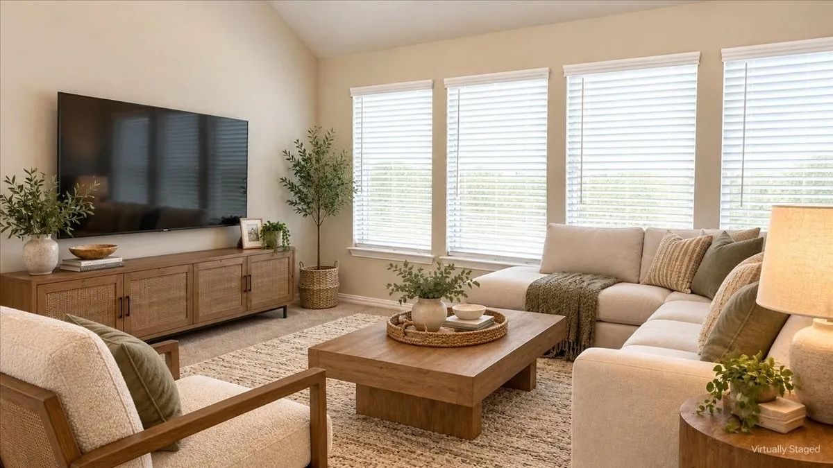 Vaulted ceiling, neutral wall tones, and four expansive windows with horizontal blinds