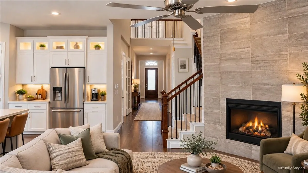 Floor-to-ceiling stone-tiled fireplace, white cabinetry with integrated upper-level display lighting, stainless steel refrigerator, and custom staircase with wood handrails and iron balusters