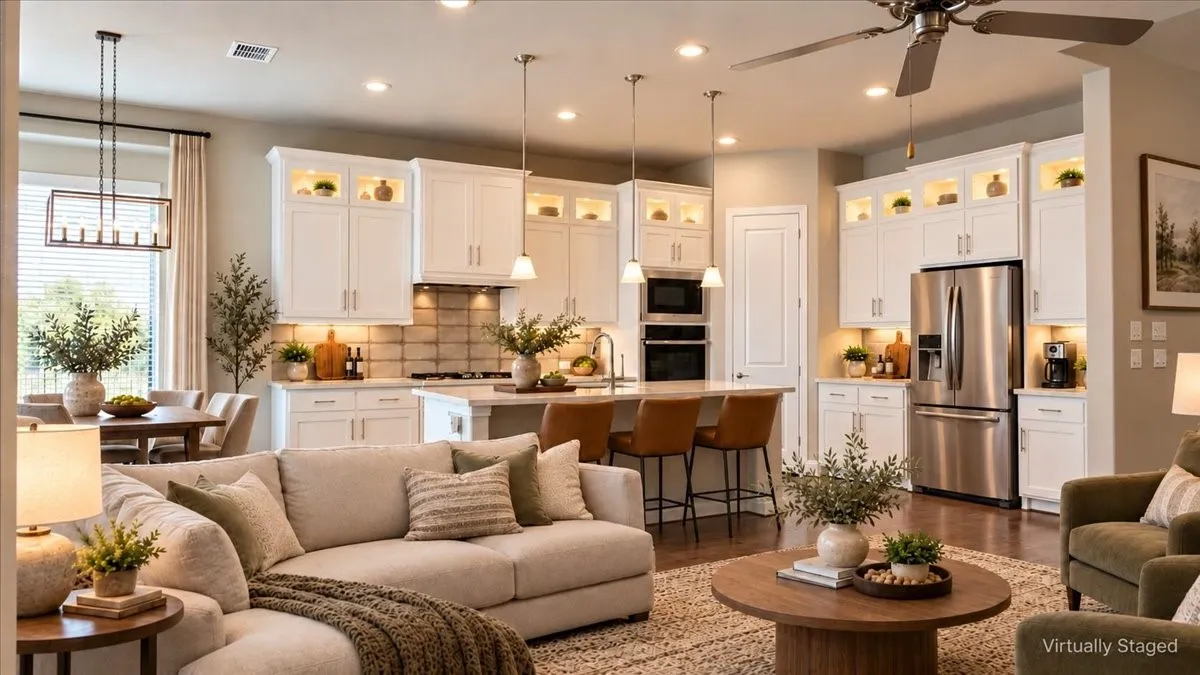 Kitchen featuring white cabinetry with glass-front uppers, a central island with stone-finish countertops, stainless steel appliances, and a tiled backsplash
