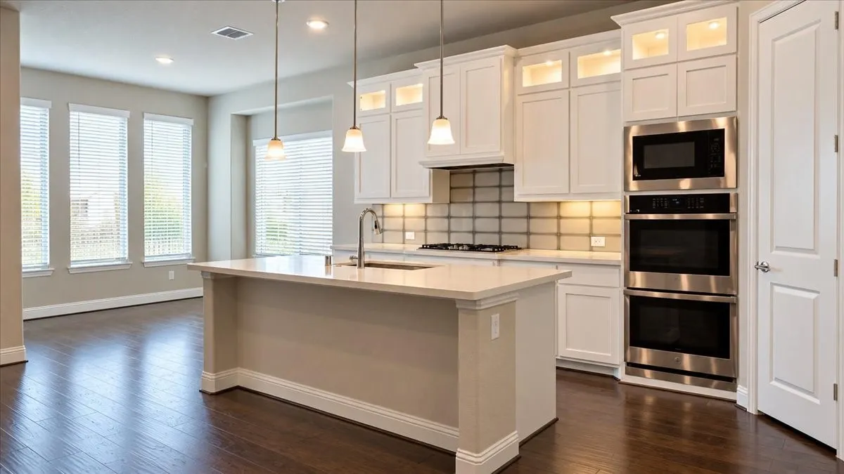 Kitchen featuring white cabinetry, quartz countertops, tile backsplash, stainless steel built-in double oven and microwave, and wood-finish flooring