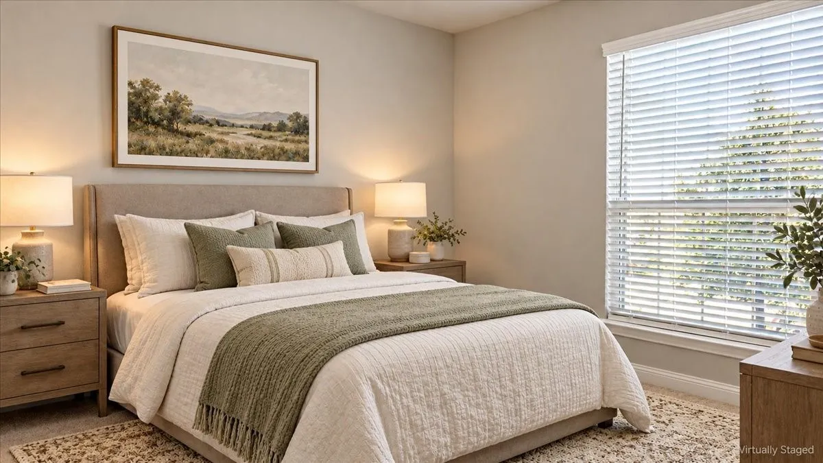 Neutral wall tones, carpeted flooring, and large window with horizontal blinds