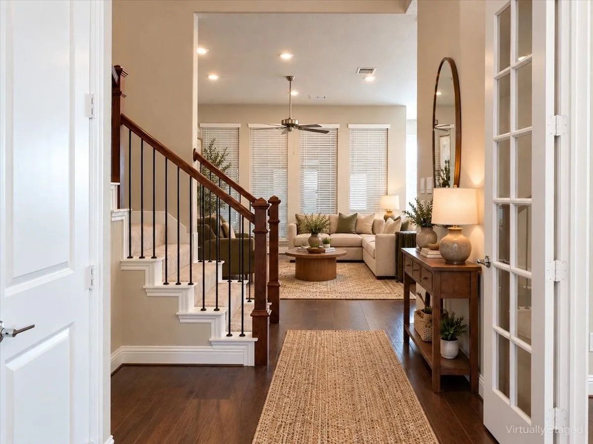 Entryway featuring wood-finish flooring, a staircase with dark wood handrails and black metal balusters, and a set of French doors with glass panes