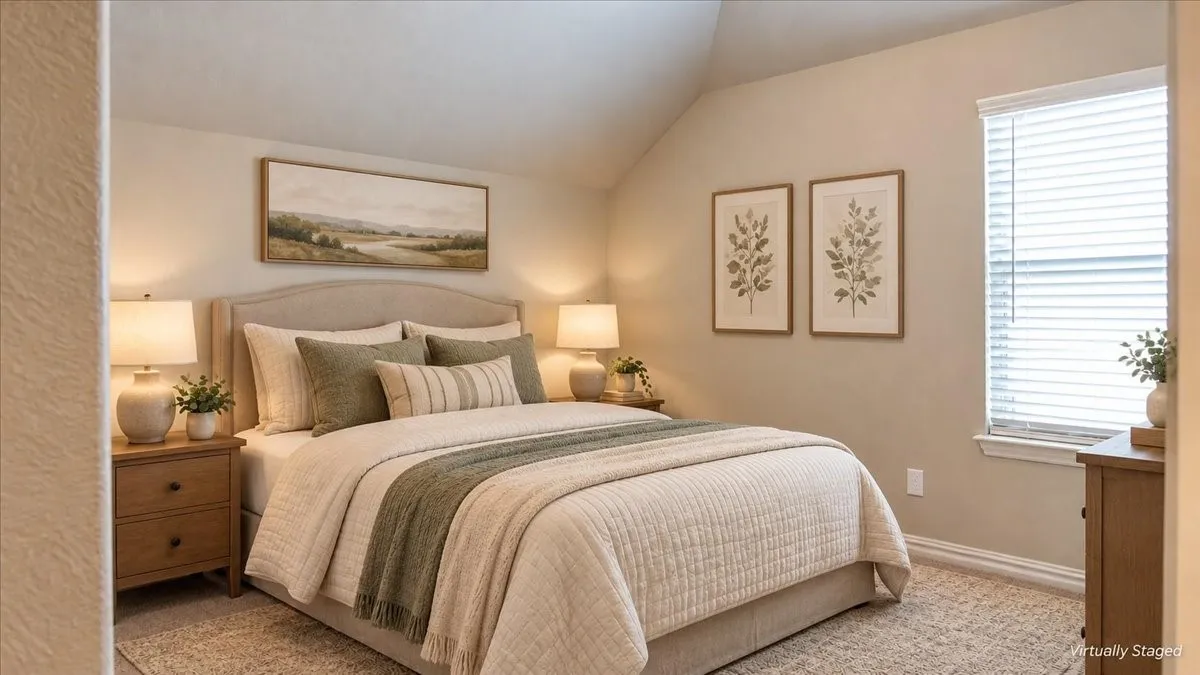Vaulted ceiling, neutral wall tones, and horizontal window blinds