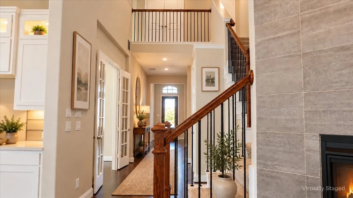 Two-story foyer featuring a wood-finished staircase with metal balusters, high ceilings, built-in cabinetry, and a floor-to-ceiling stone-tile fireplace surround