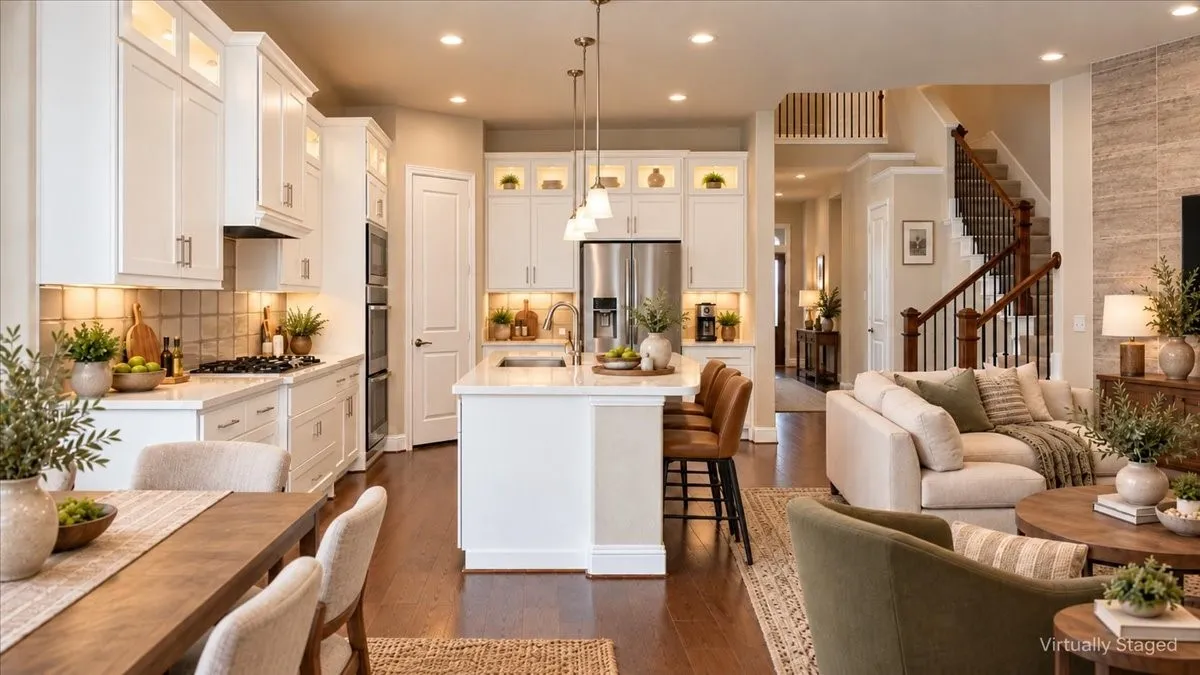 Open-concept kitchen featuring white shaker-style cabinetry, a central island with a quartz countertop, built-in stainless steel appliances, wood-finish flooring, and a stone-clad accent wall