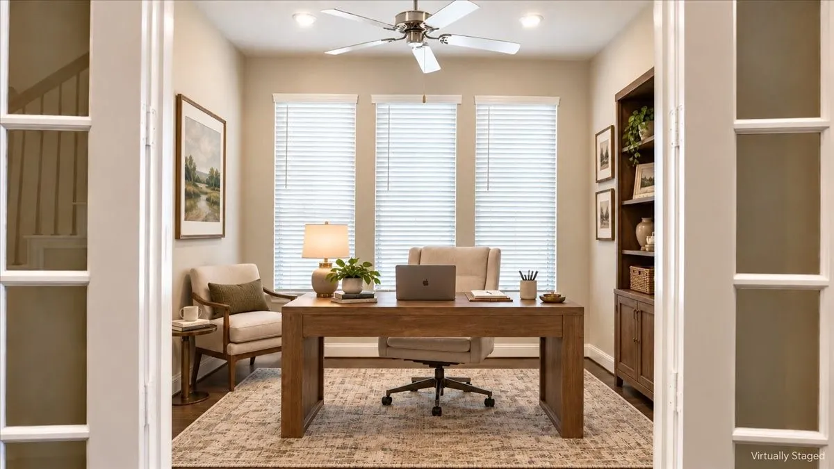 French door entry with glass paneling, triple window configuration, built-in floor-to-ceiling wooden cabinetry, wood-finish flooring, and ceiling fan fixture