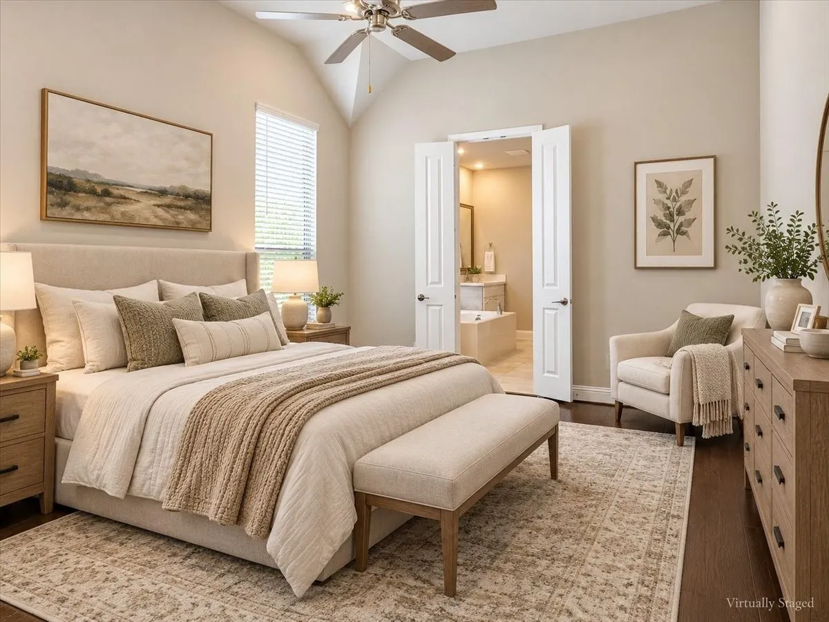 Vaulted ceilings, wood-finish flooring, and a ceiling fan with integrated lighting
