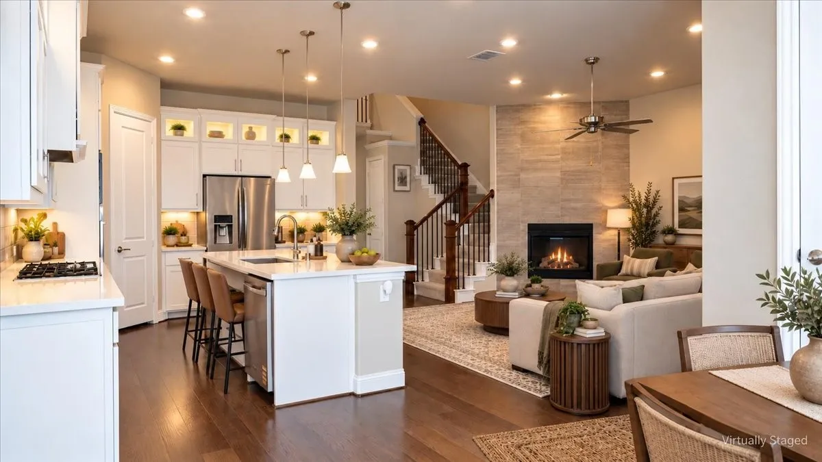 Kitchen featuring white shaker-style cabinetry, quartz countertops, a central island with bar seating, and stainless steel appliances, accented by wood-finish flooring and a stone-clad fireplace