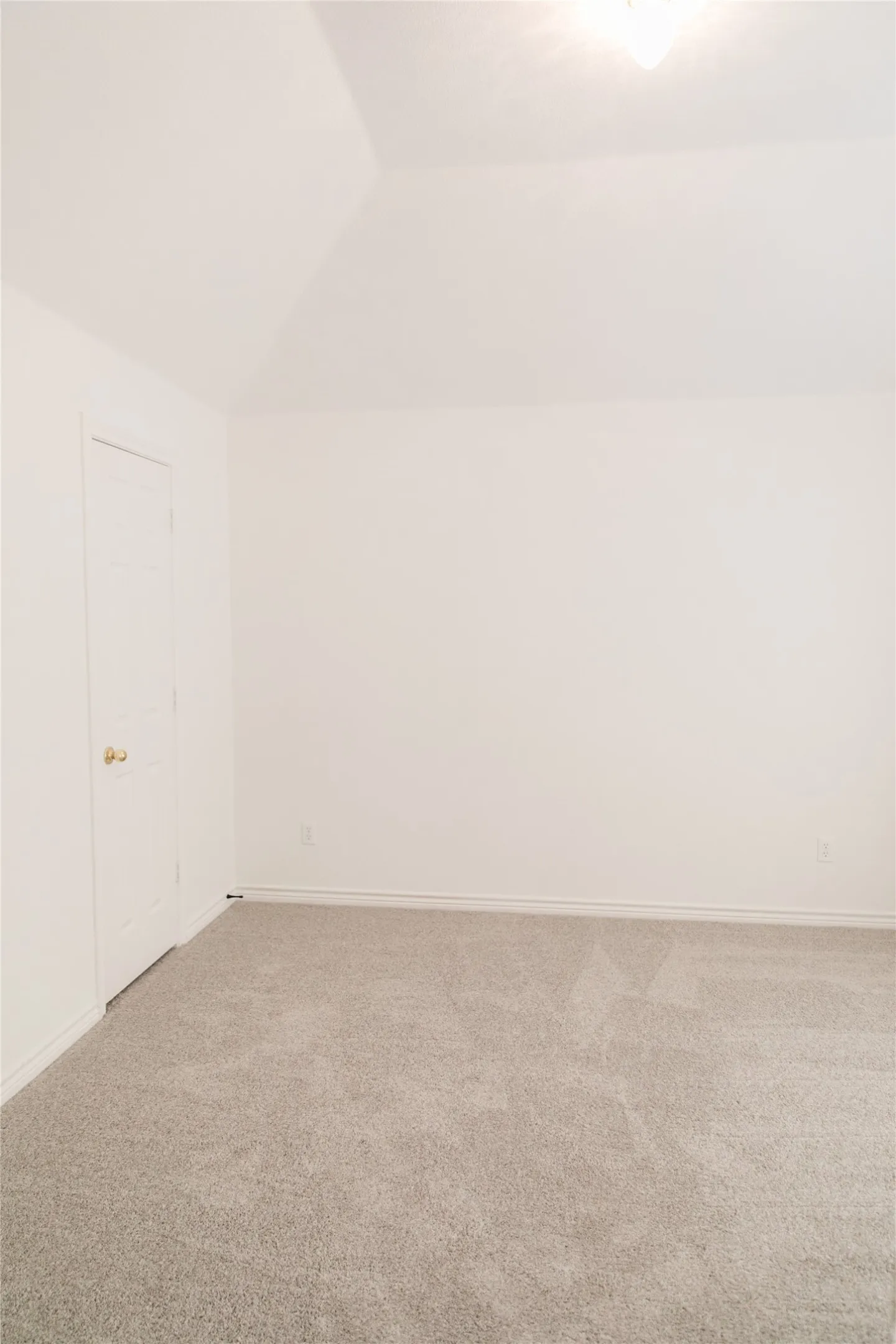Vaulted ceiling, neutral wall finish, and wall-to-wall carpeting