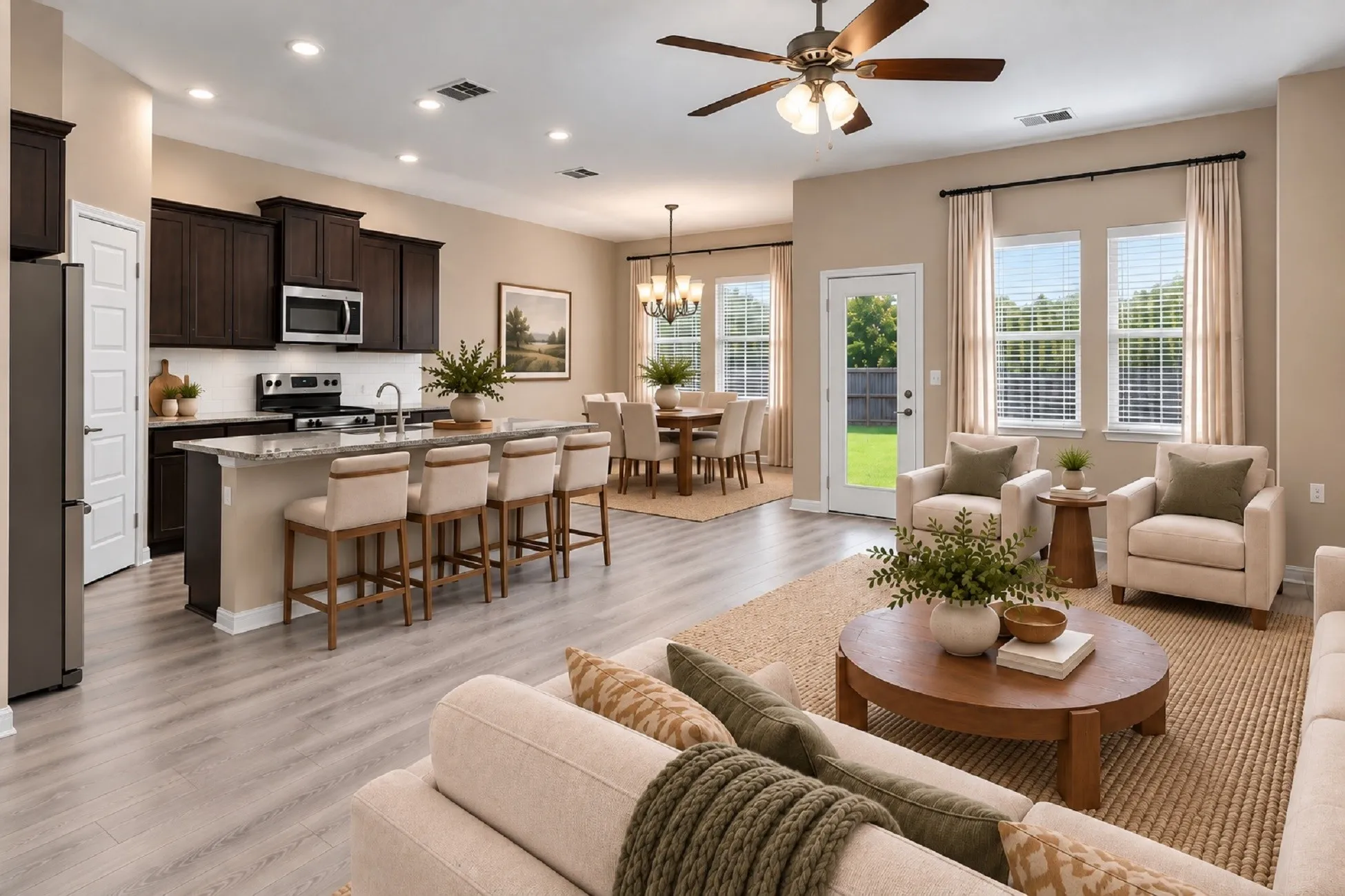 Virtually Staged Open concept living, kitchen, dining.