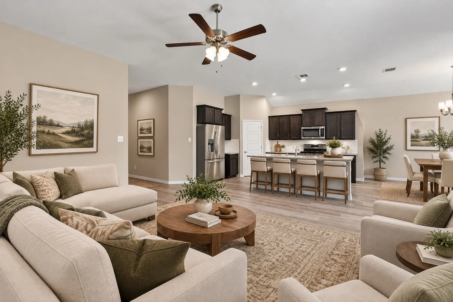 Virtually staged open concept.