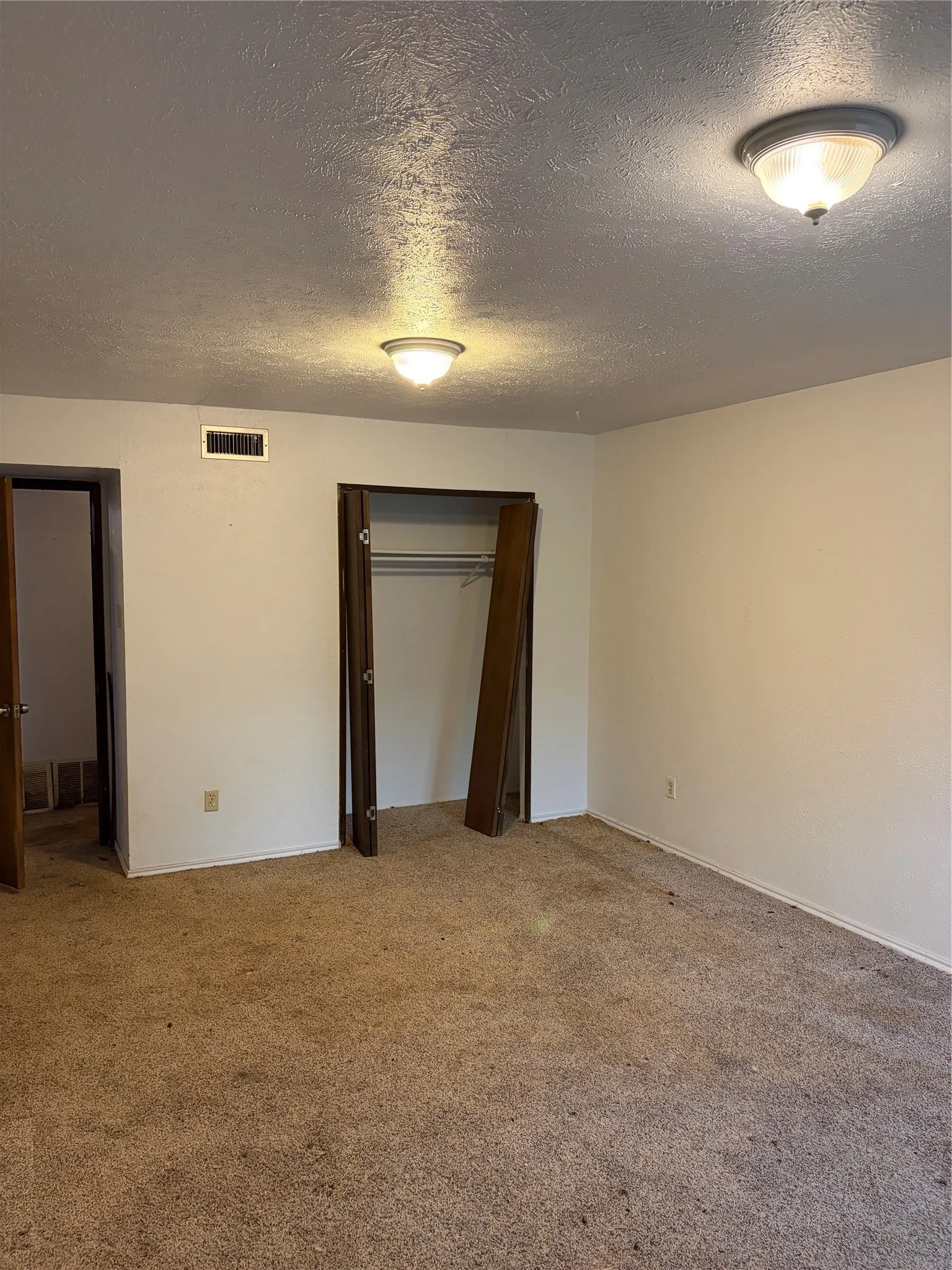 Interior space featuring neutral-toned carpeting, two ceiling-mounted flush-mount light fixtures, and a walk-in closet with folding doors