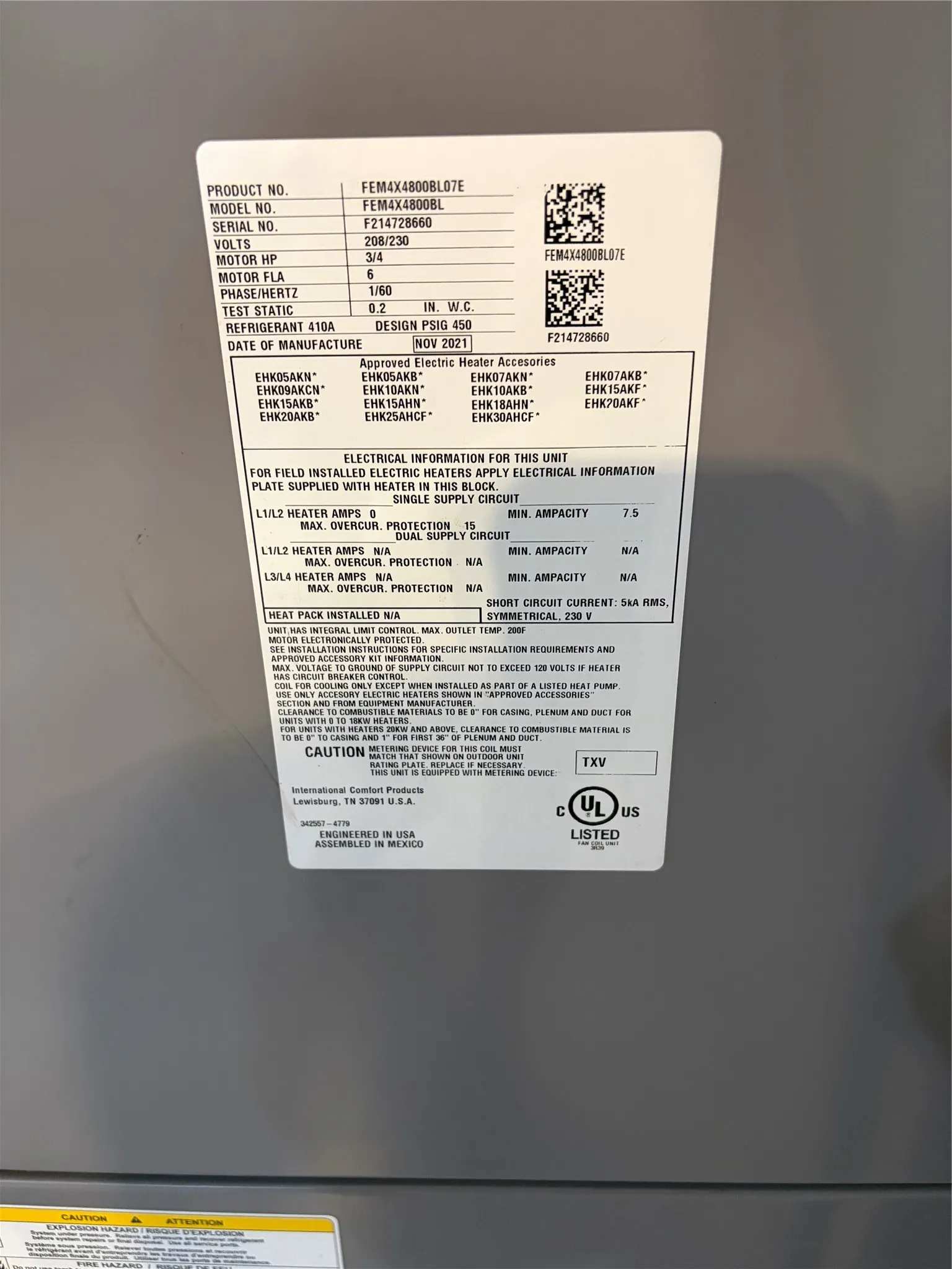 International Comfort Products fan coil unit with a November 2021 manufacture date and R-410A refrigerant compatibility