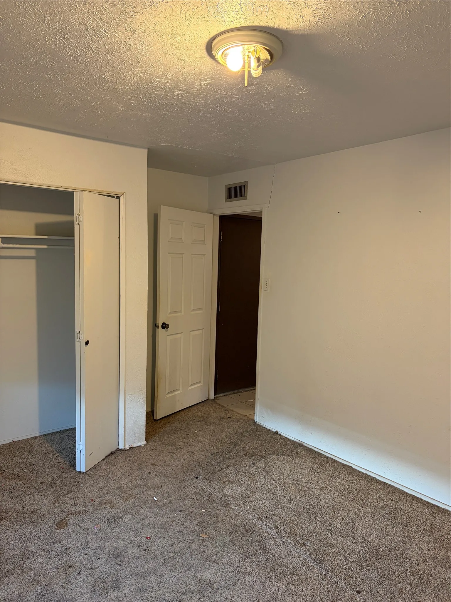 Interior room featuring a six-panel door, a closet with a built-in rod, and a flush-mount ceiling fixture