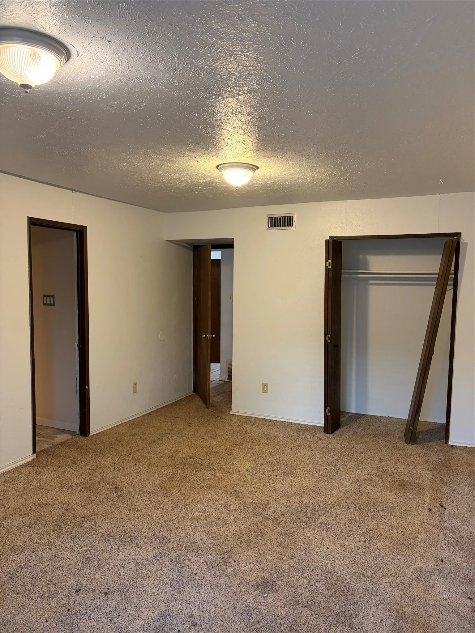 Interior space featuring neutral wall paint, carpeting, dual flush-mount ceiling light fixtures, and a closet with a built-in rod and shelf