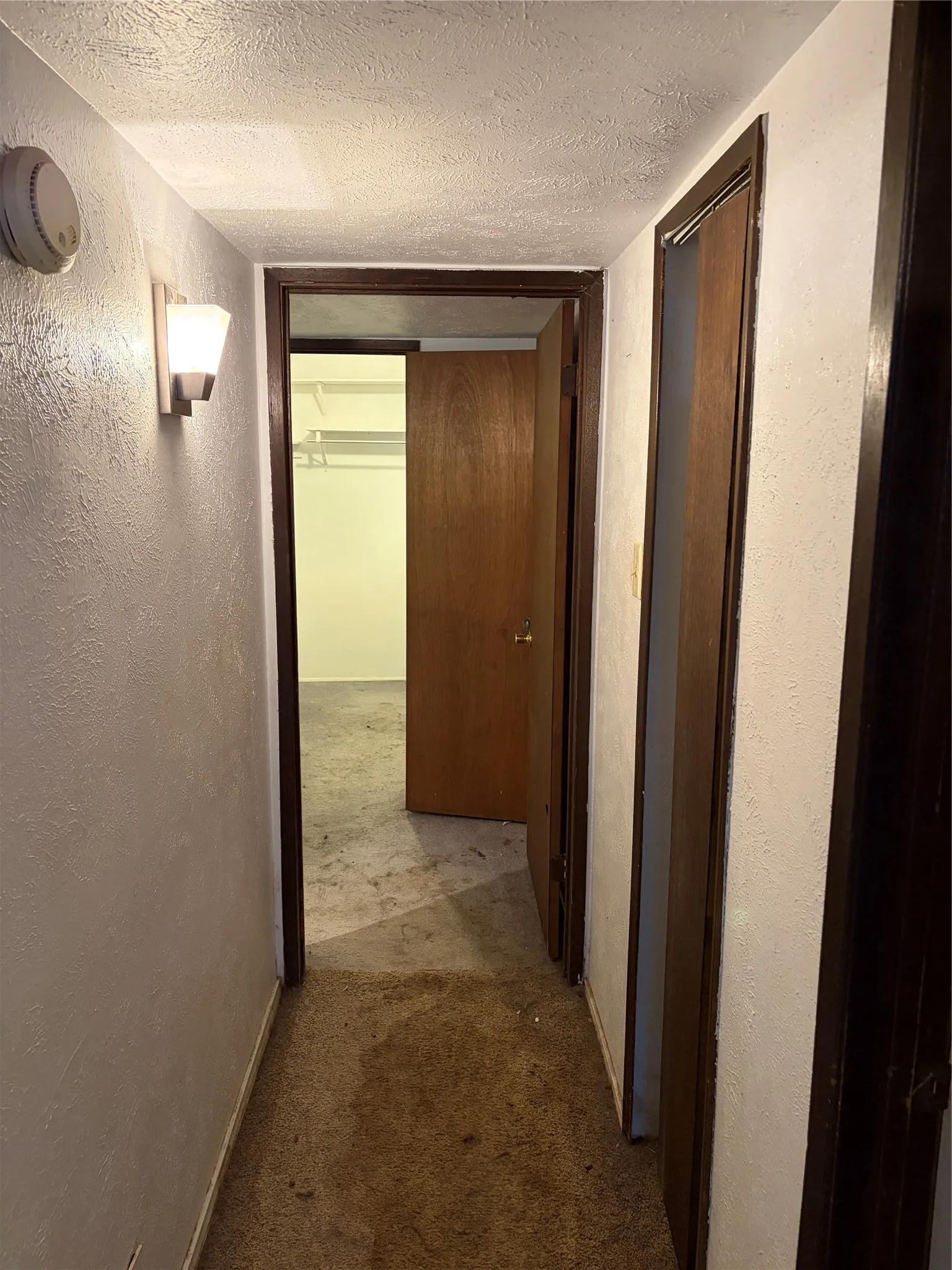 Hallway featuring textured wall finishes, a wall-mounted light fixture, and multiple wood-finish interior doors providing access to a walk-in closet space with built-in shelving