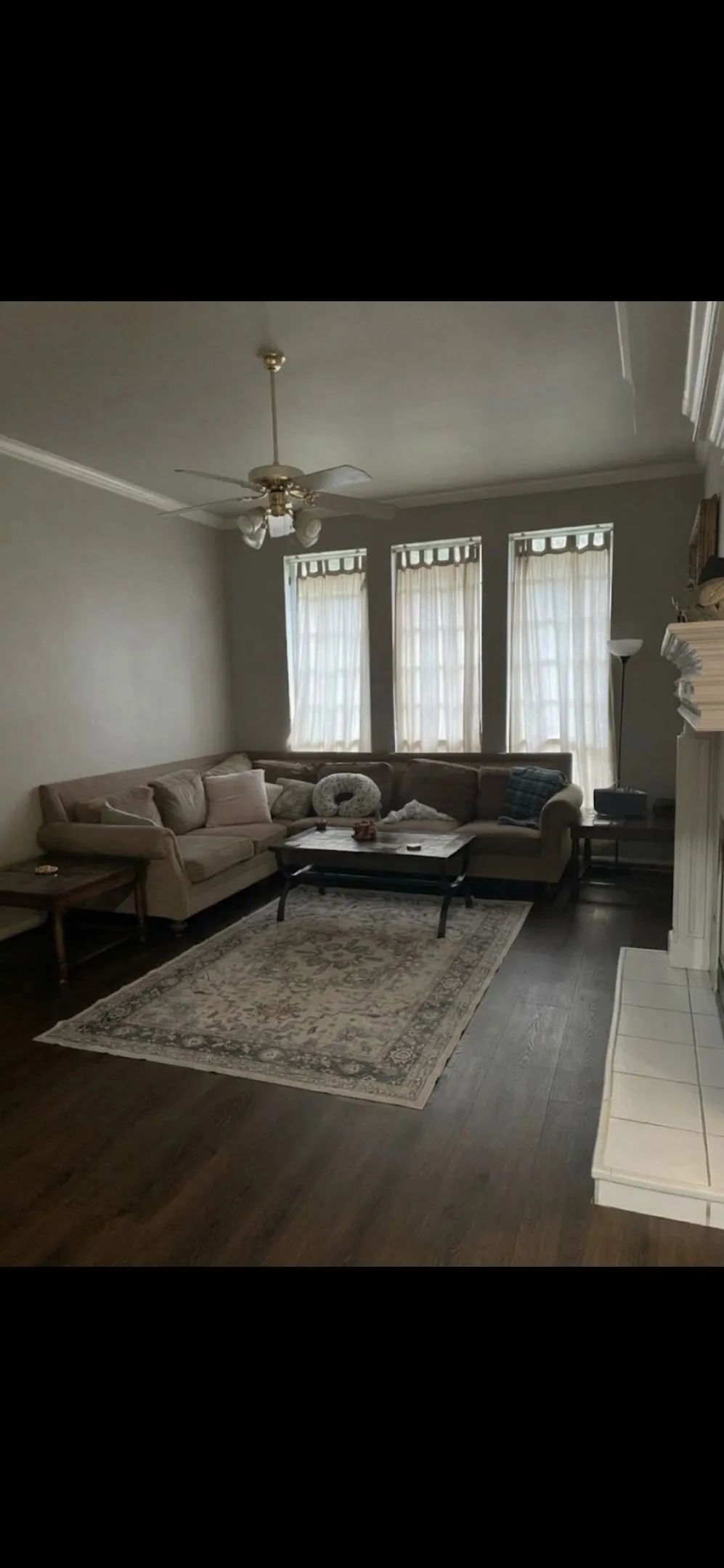 Living area featuring wood-finish flooring, a fireplace with a white mantel, three tall windows with grid detailing, and a ceiling fan with integrated lighting