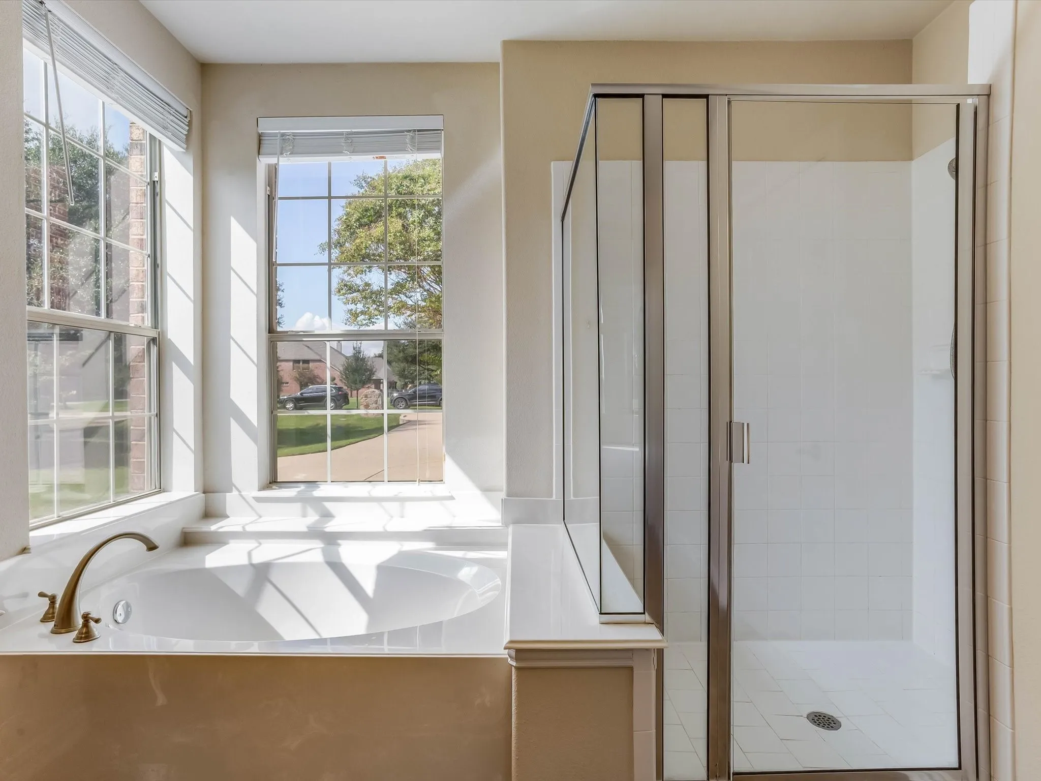 Built-in soaking tub with metallic faucet fixtures, glass-enclosed shower with tiled surround, and large windows with grid detailing