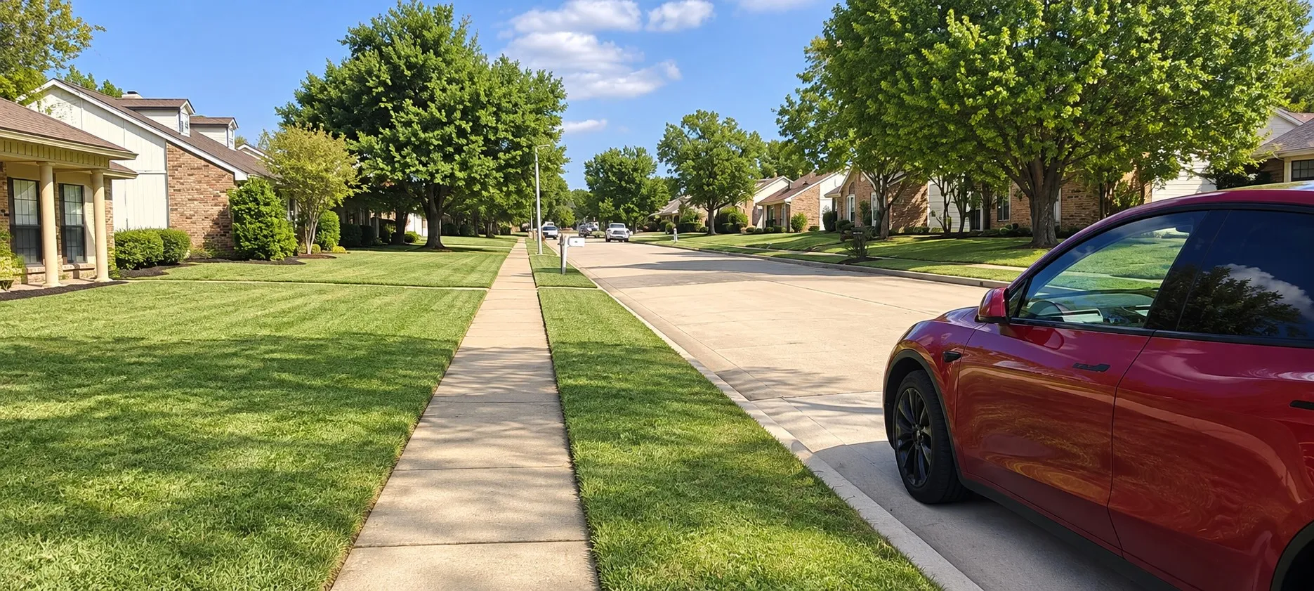 Concrete sidewalk bordered by manicured lawns and mature trees along a paved street