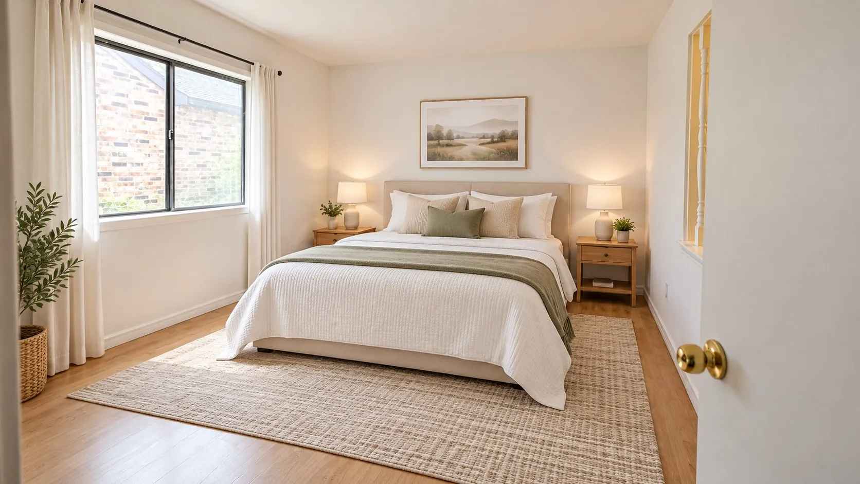 Bedroom featuring wood-finish flooring, a large window with natural light, and a built-in wall niche with millwork detailing