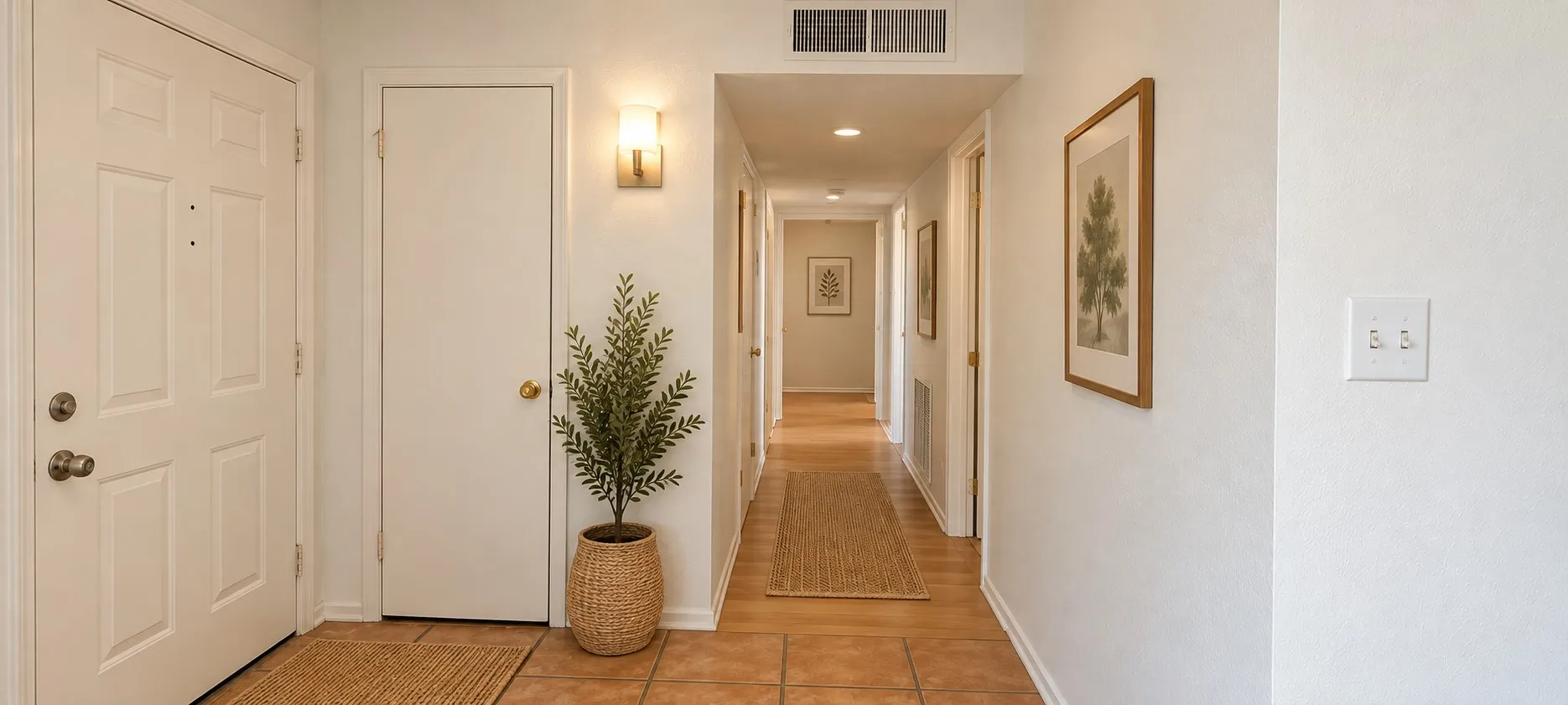 Foyer featuring tile flooring, neutral wall paint, recessed lighting, wall-mounted light fixtures, and wood-finish flooring