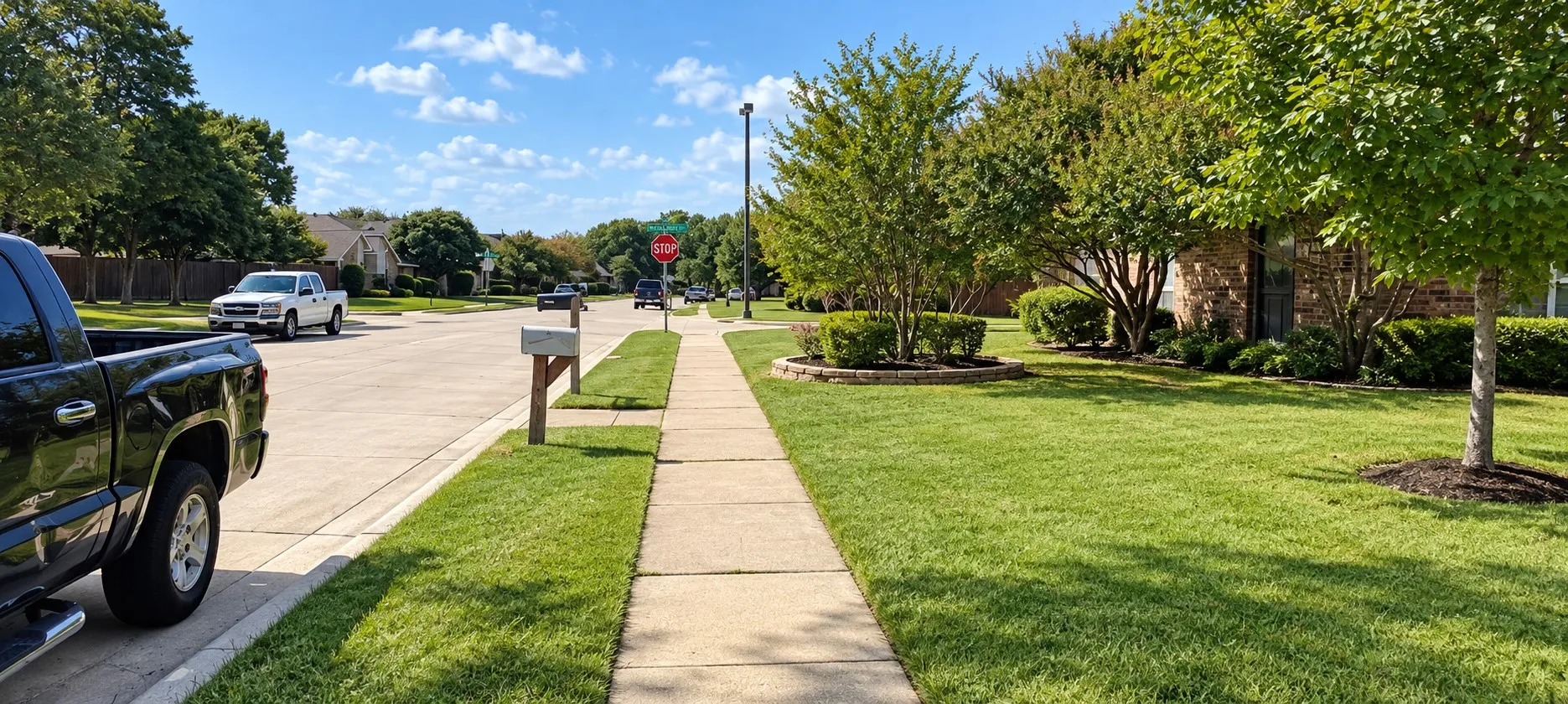 Concrete sidewalk, manicured turf grass, and established deciduous trees