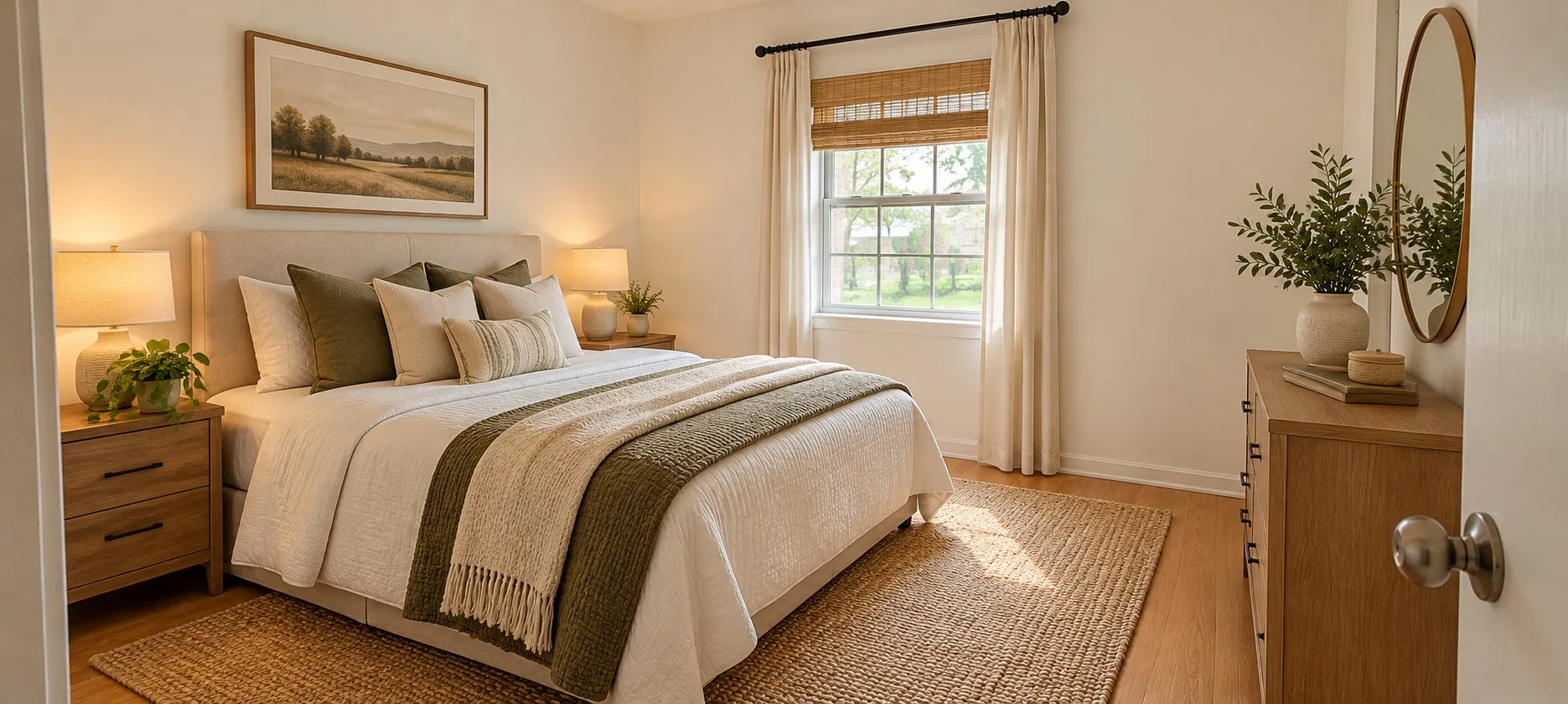 Neutral-toned interior featuring wood-finish flooring, a double-hung window with a woven shade, and a round wall-mounted mirror