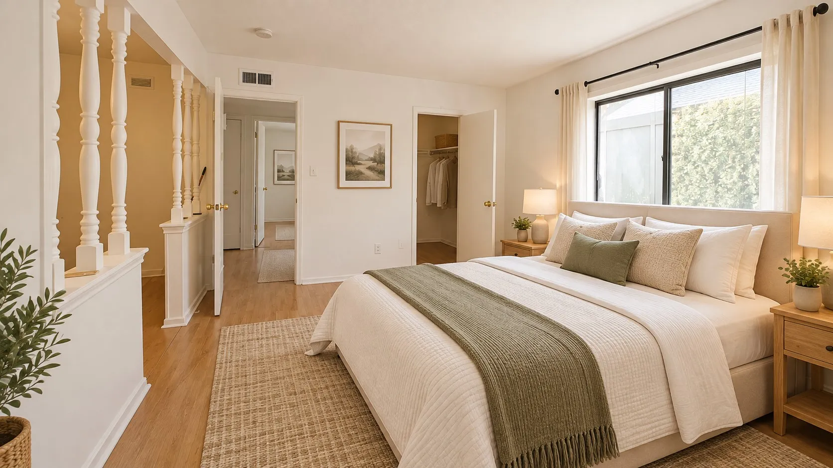 Room featuring wood-finish flooring, decorative white balusters, and a large window with neutral-toned hardware
