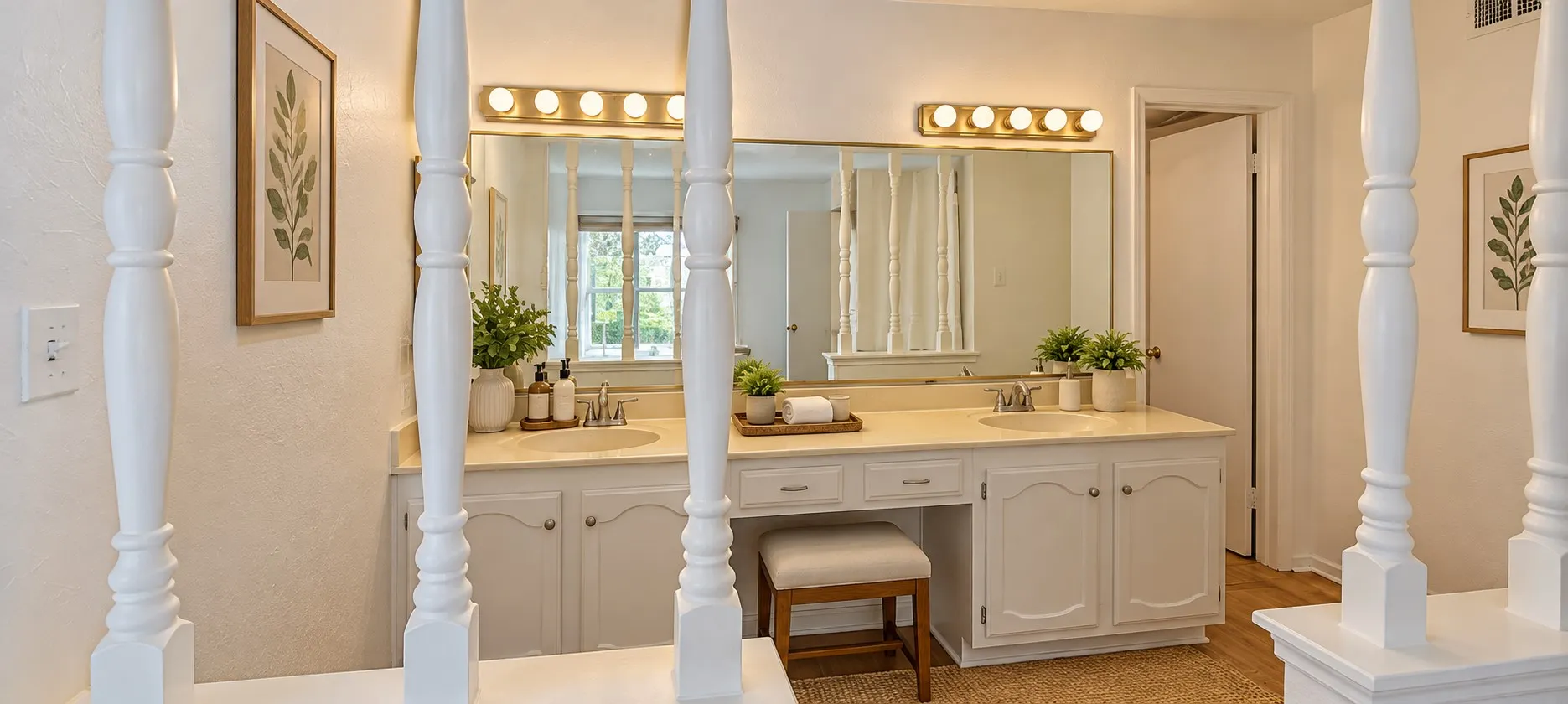 Dual-sink vanity with light-tone countertop, built-in cabinetry, full-width mirror, and two wall-mounted lighting fixtures