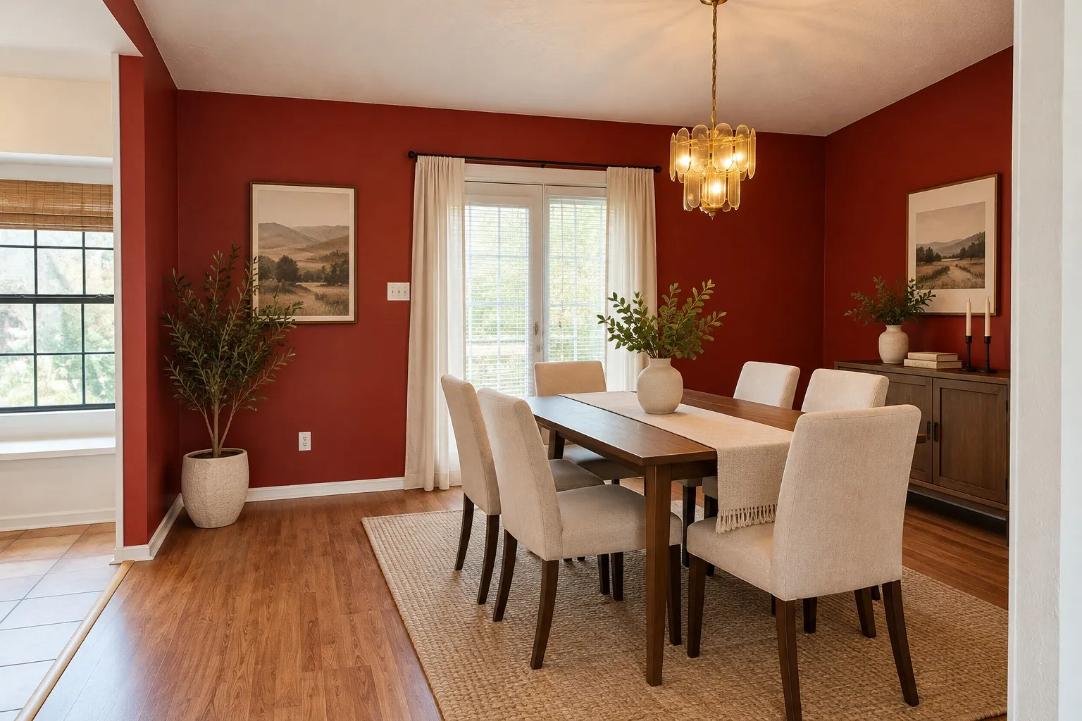 Dining room featuring wood-finish flooring, glass-paned French doors, multi-tier brass chandelier, and a built-in window seat