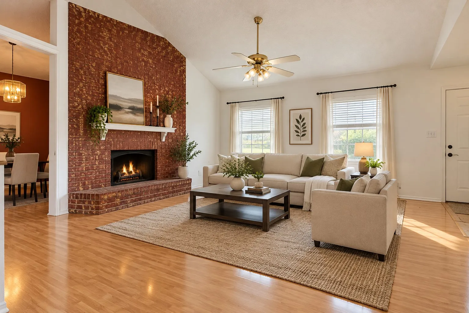 Living room featuring vaulted ceilings, wood-finish flooring, floor-to-ceiling brick fireplace, raised hearth, and brass-finish ceiling fan with integrated lighting