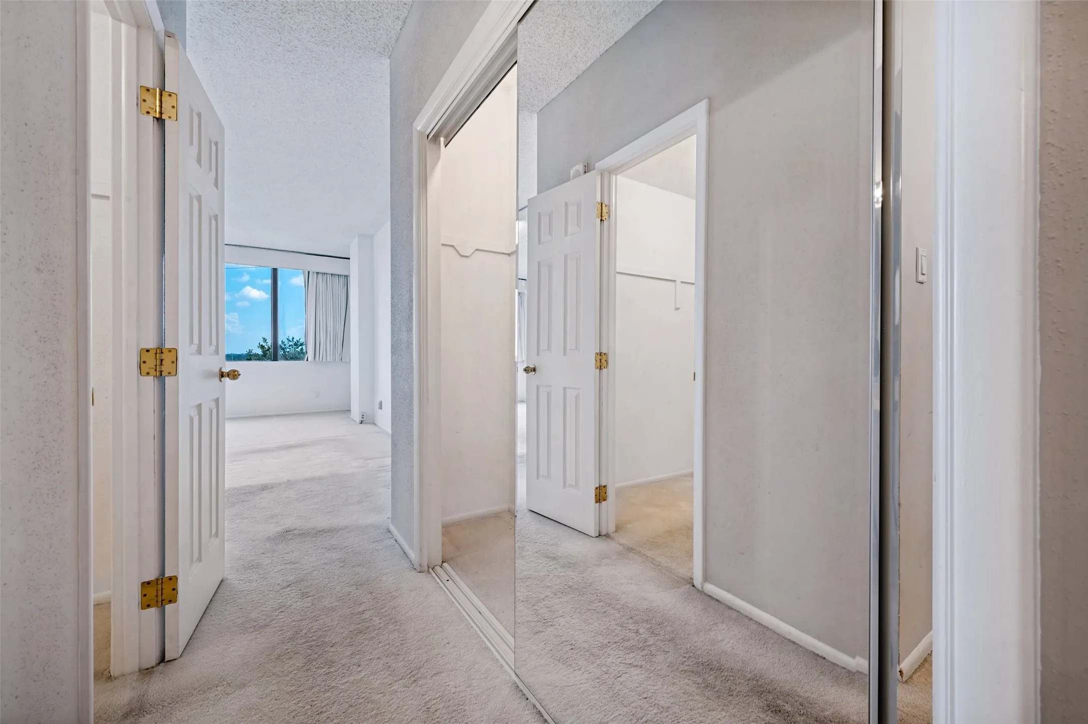 Floor-to-ceiling mirrored sliding closet doors, multi-panel interior doors with brass-finish hardware, and wall-to-wall carpeting