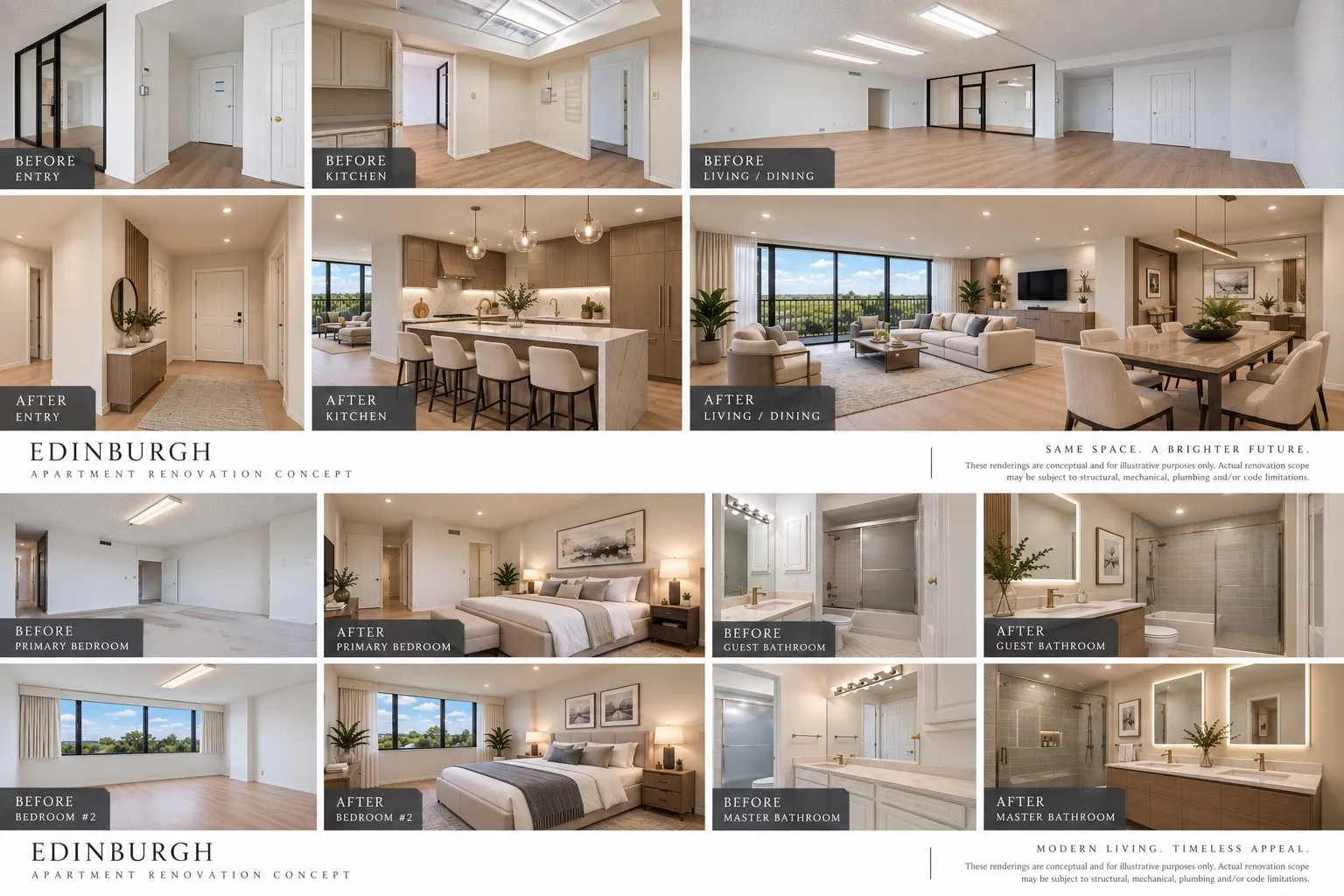 Renovation Concept Document. Illustrating visual comparisons of the property before and after proposed interior design updates