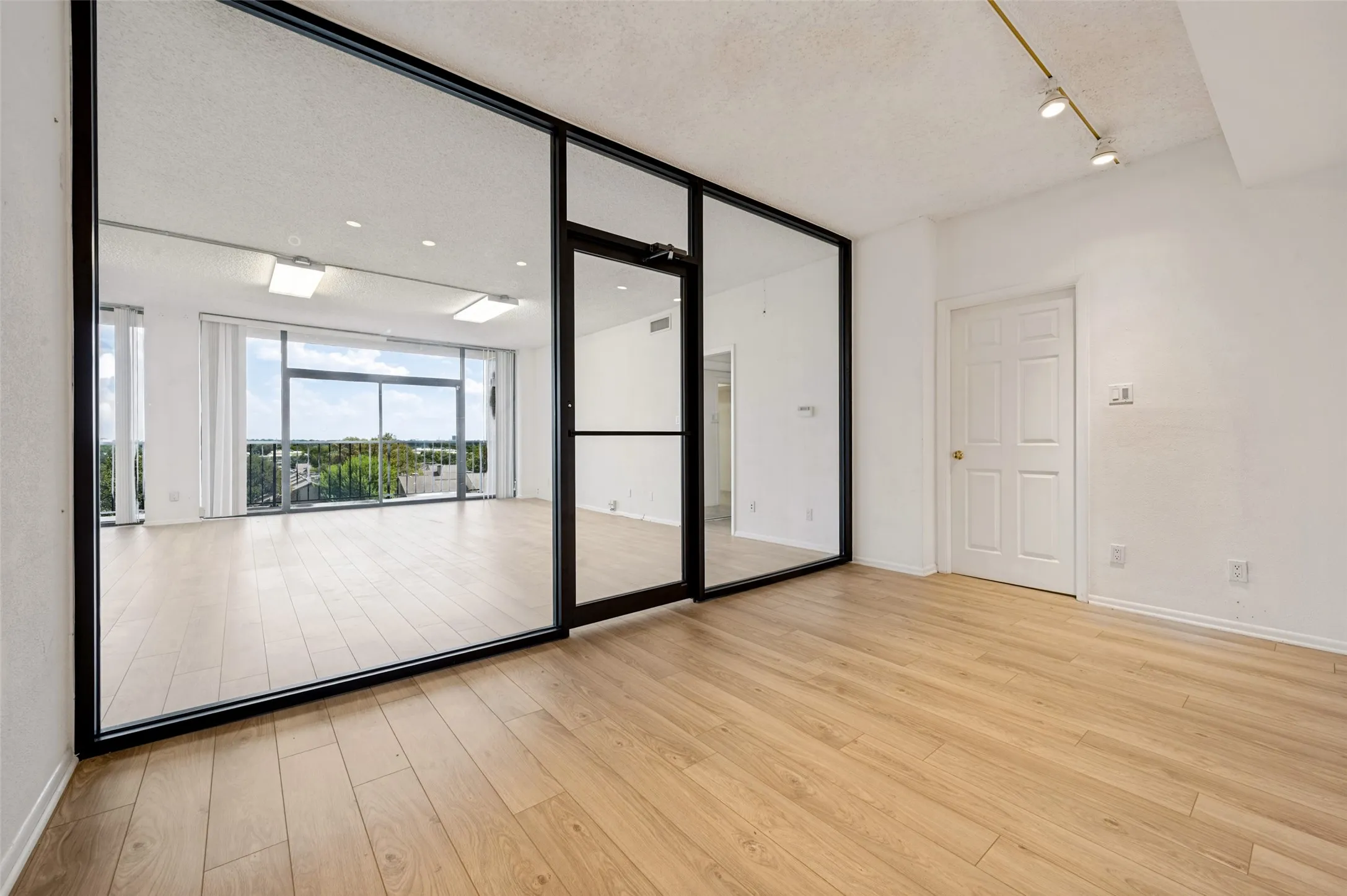 Floor-to-ceiling glass partition with black metal framing, wood-finish flooring, adjustable track lighting, and expansive glass sliding doors